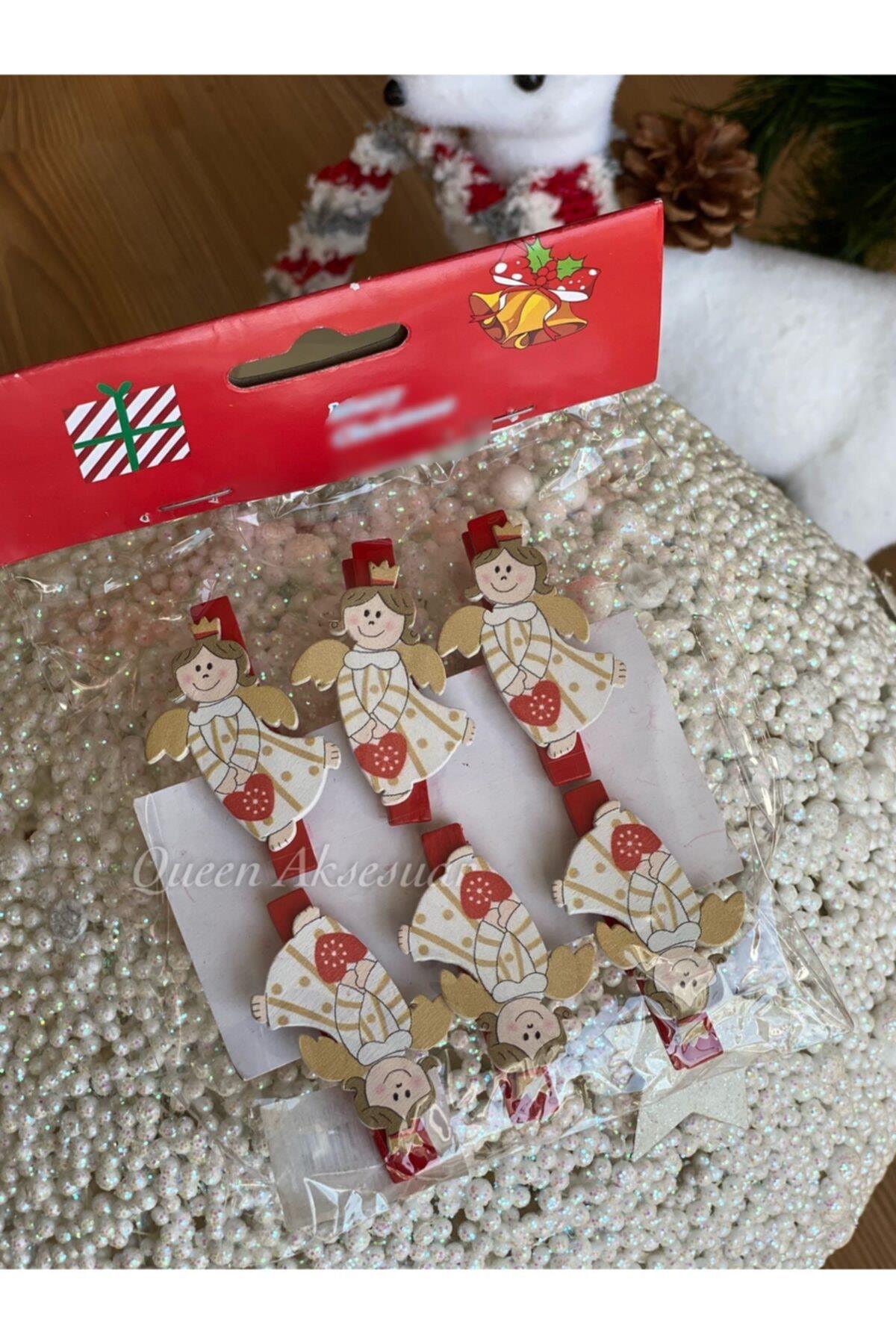 Yılbaşı Özel Sofra Hediye Paketi Süs Dekorasyon Kalpli Periler 6lı Mandal Seti Christmas