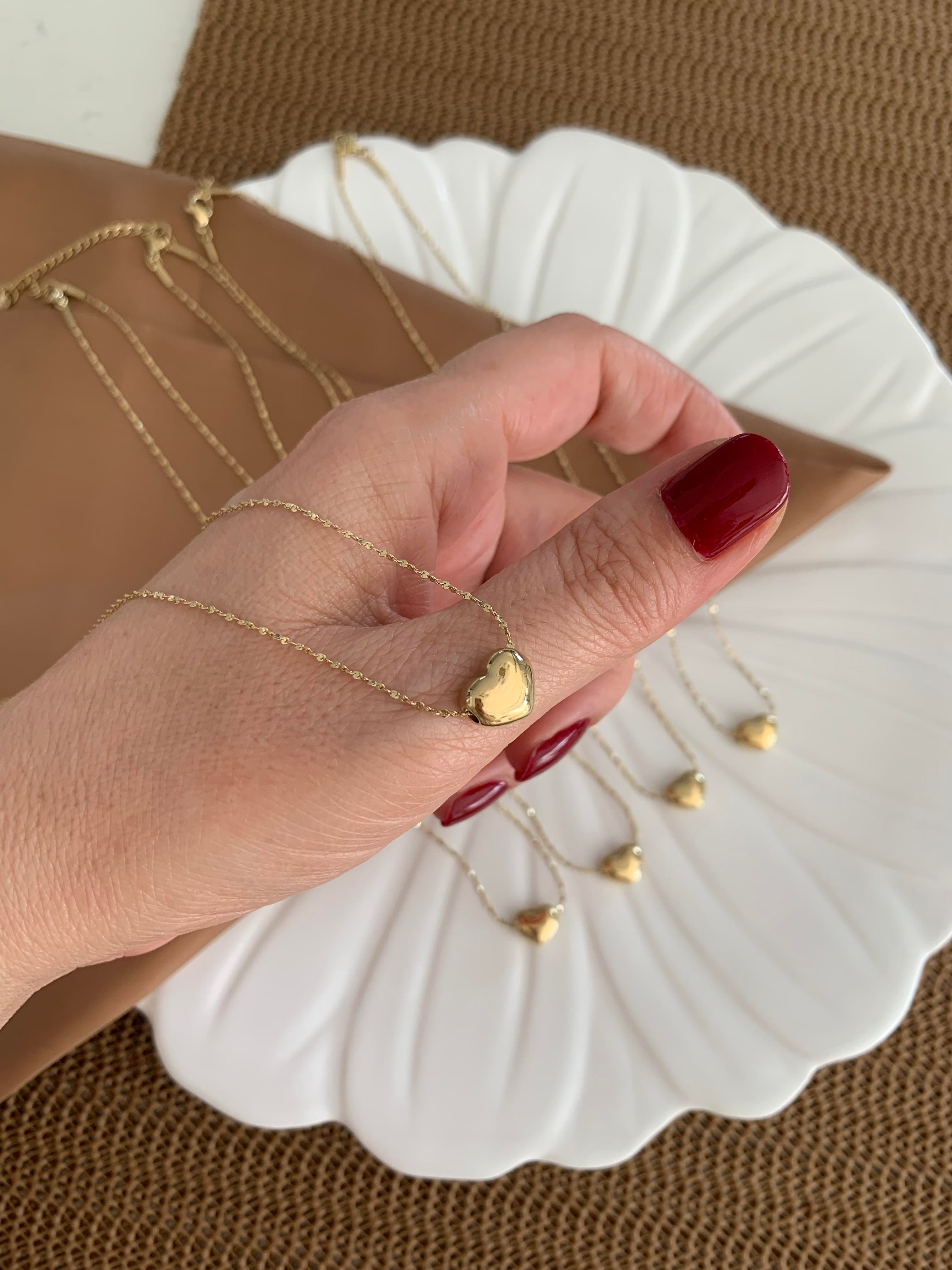 Çelik Gold İnce Zincirli Plaka Mini Kalp Kolye