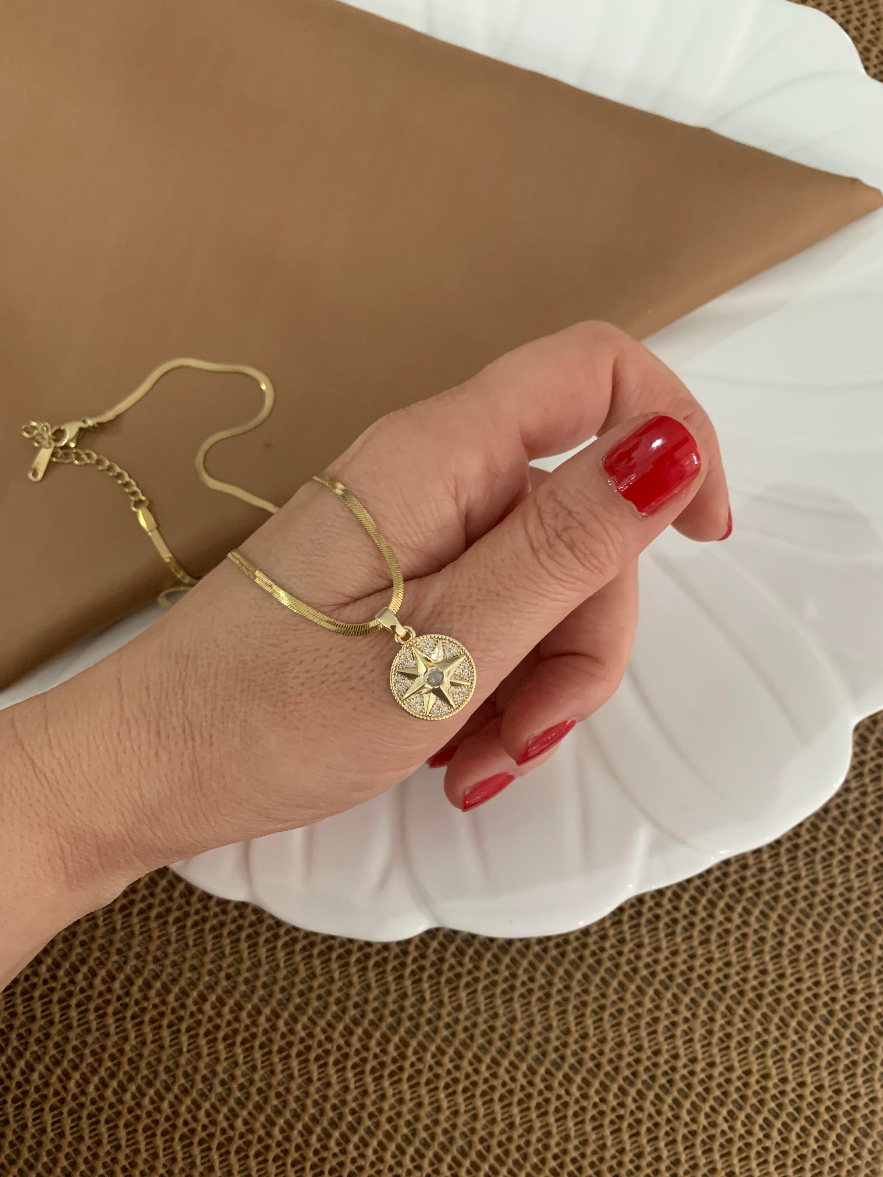 Çelik Gold İtalyan Zincir Gömme Tek Taş Daire Kutup Yıldız Kolye