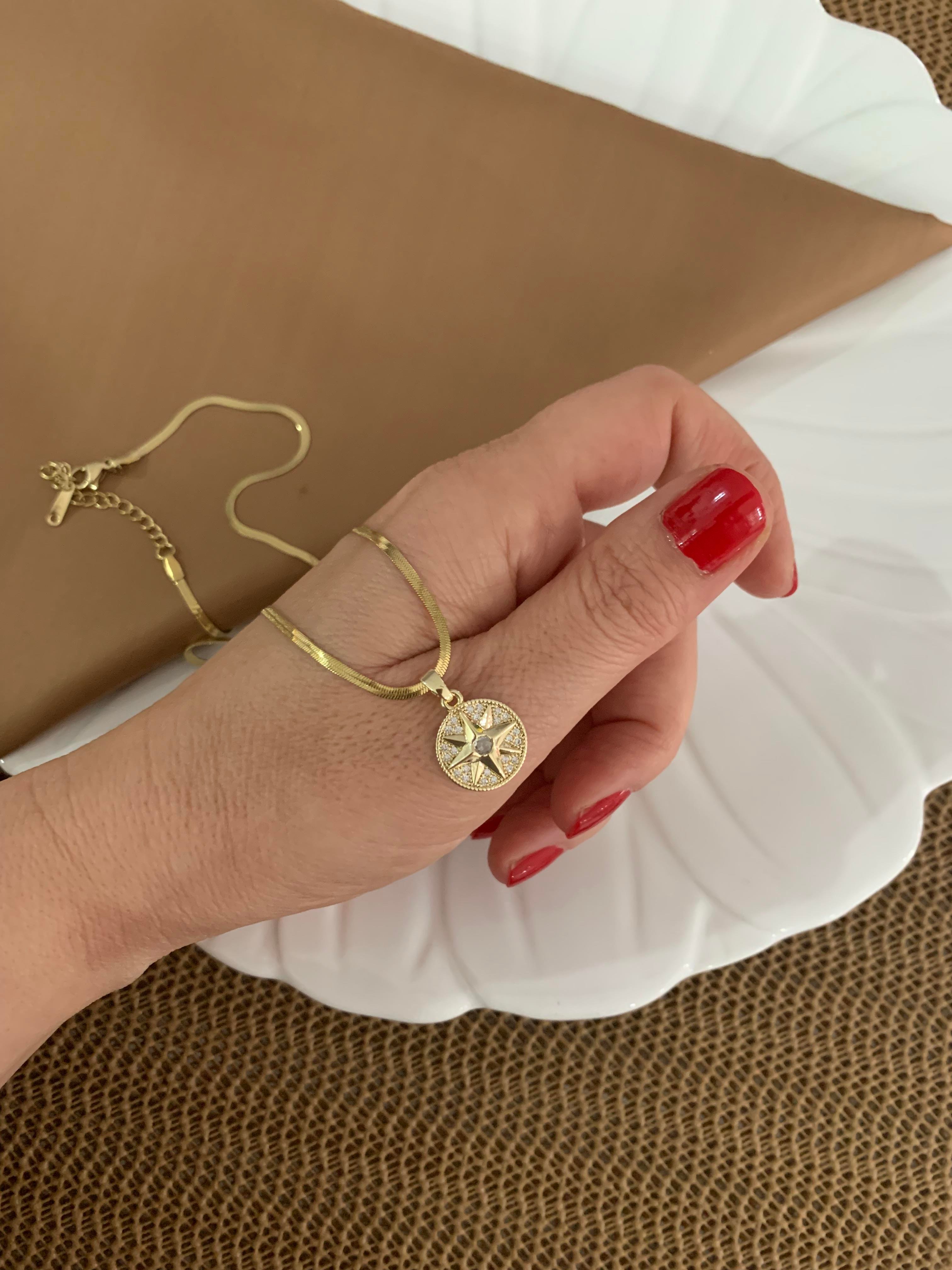 Çelik Gold İtalyan Zincir Gömme Tek Taş Daire Kutup Yıldız Kolye