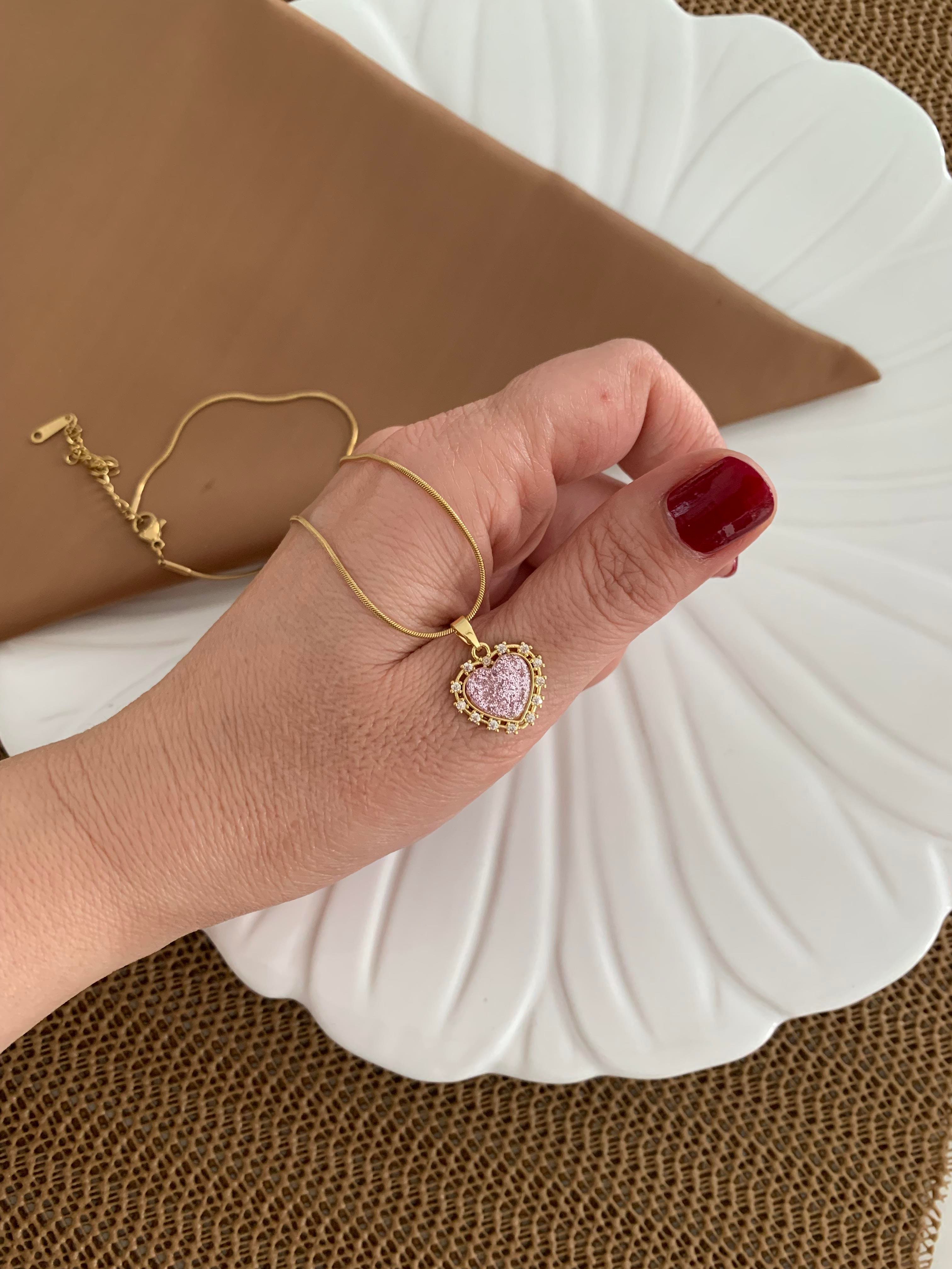 Çelik Gold İtalyan Zincir Mini Kare Taş Lila Kalp Kolye