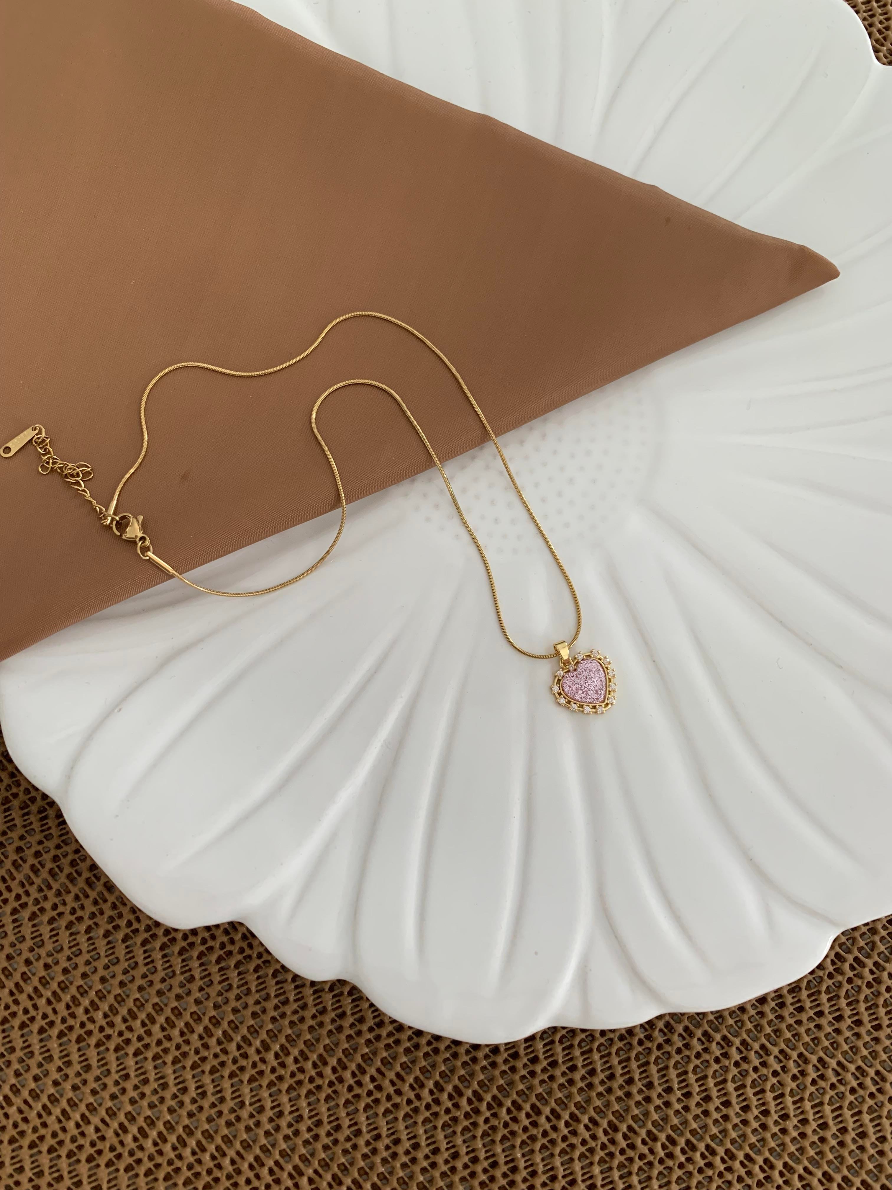 Çelik Gold İtalyan Zincir Mini Kare Taş Lila Kalp Kolye