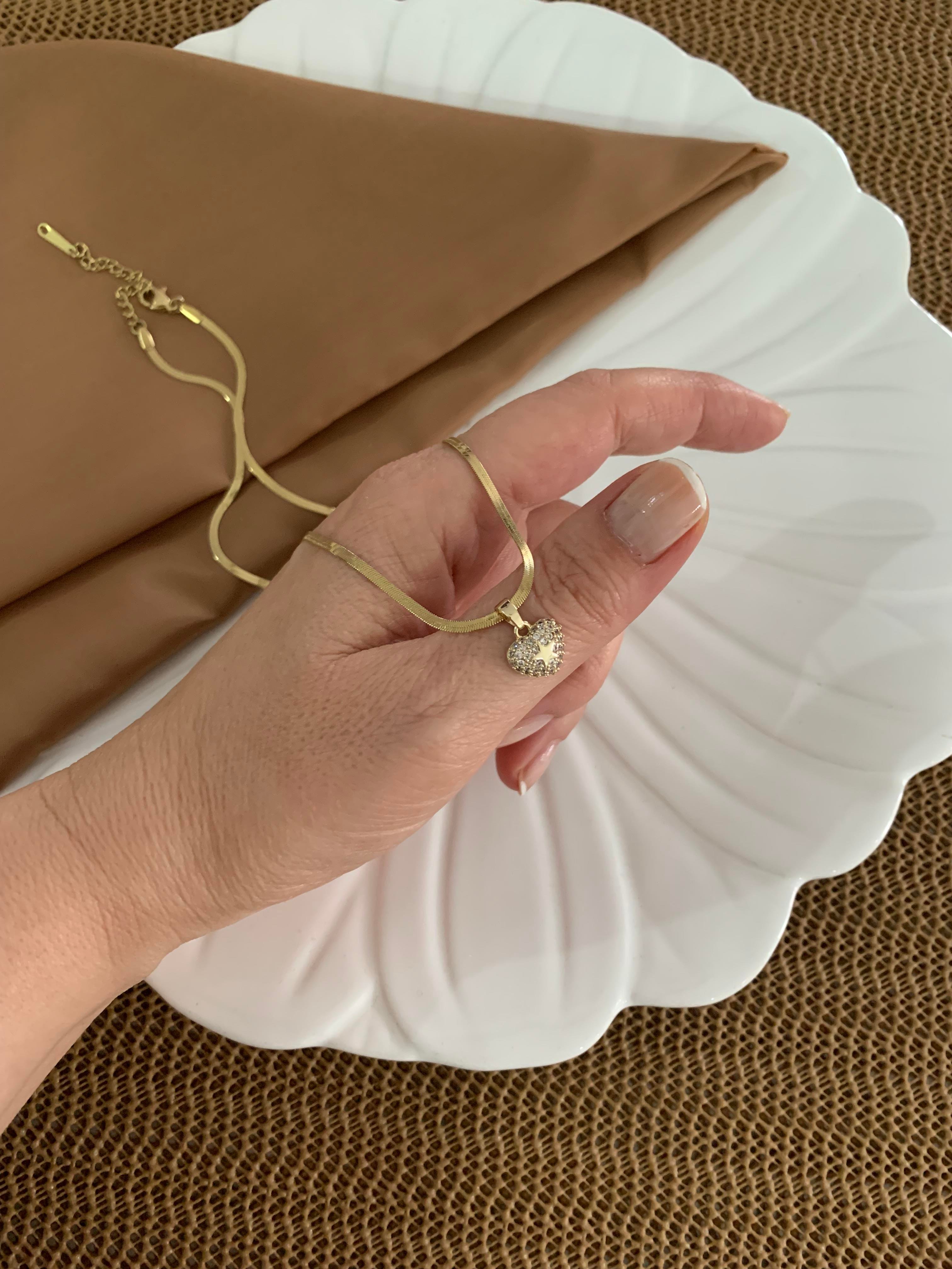 Çelik Gold İtalyan Zincir Zirkon Taşlı Mini Kalp Kolye