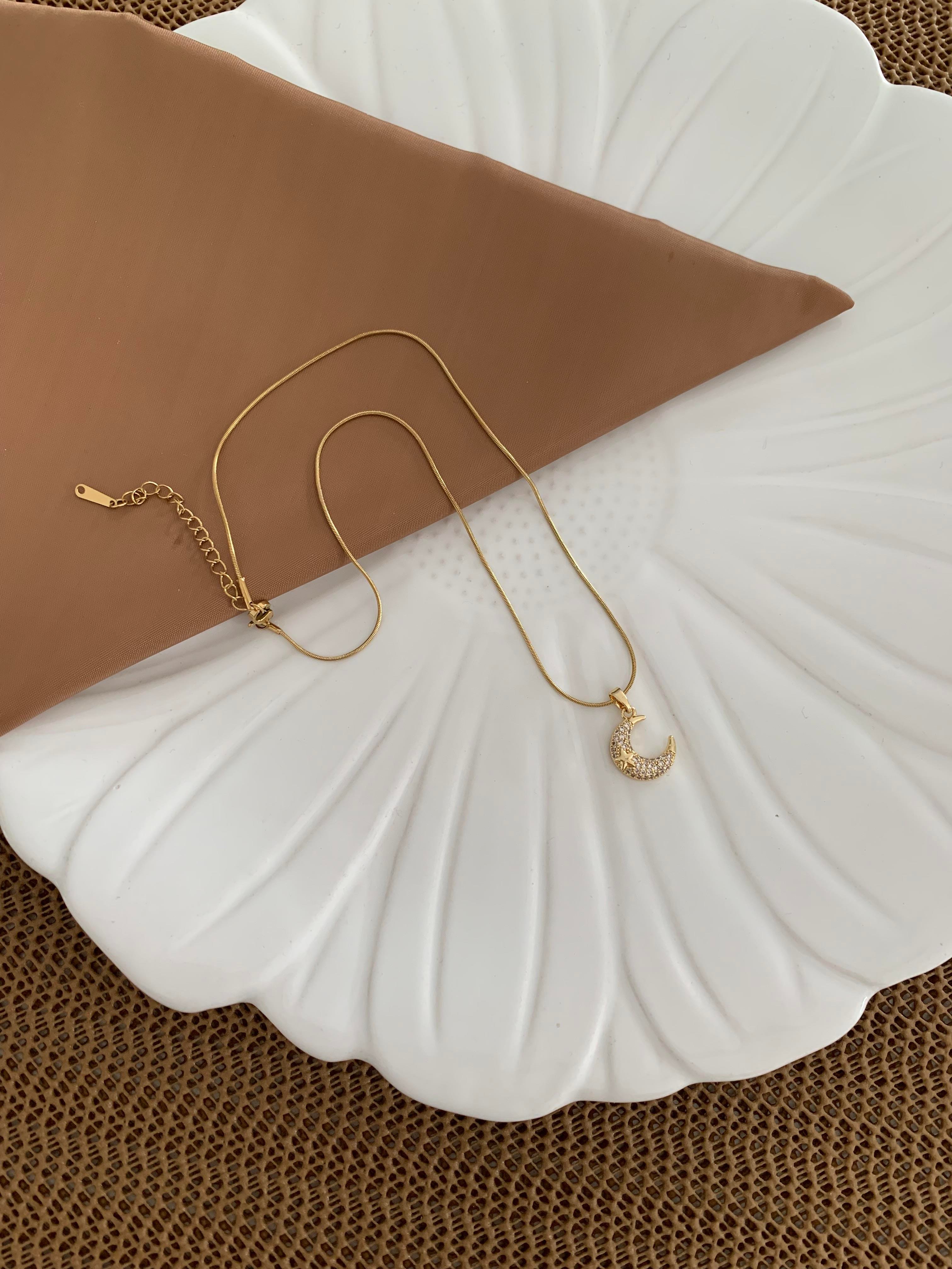 Çelik Gold İtalyan Zincir Zirkon Taşlı Ay Kolye