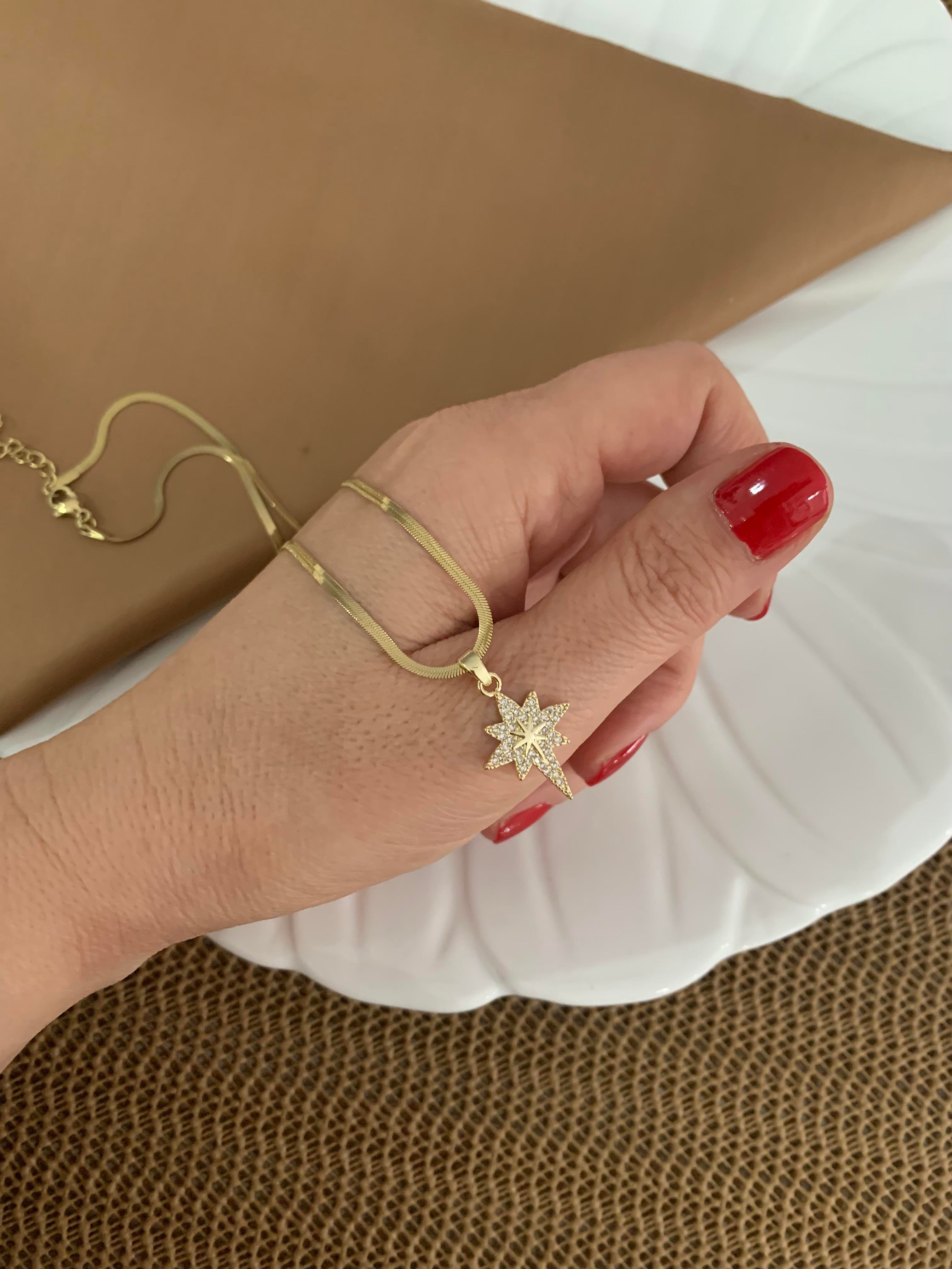 Çelik Gold İtalyan Zincir Zirkon Taşlı Kutup Yıldız Kolye