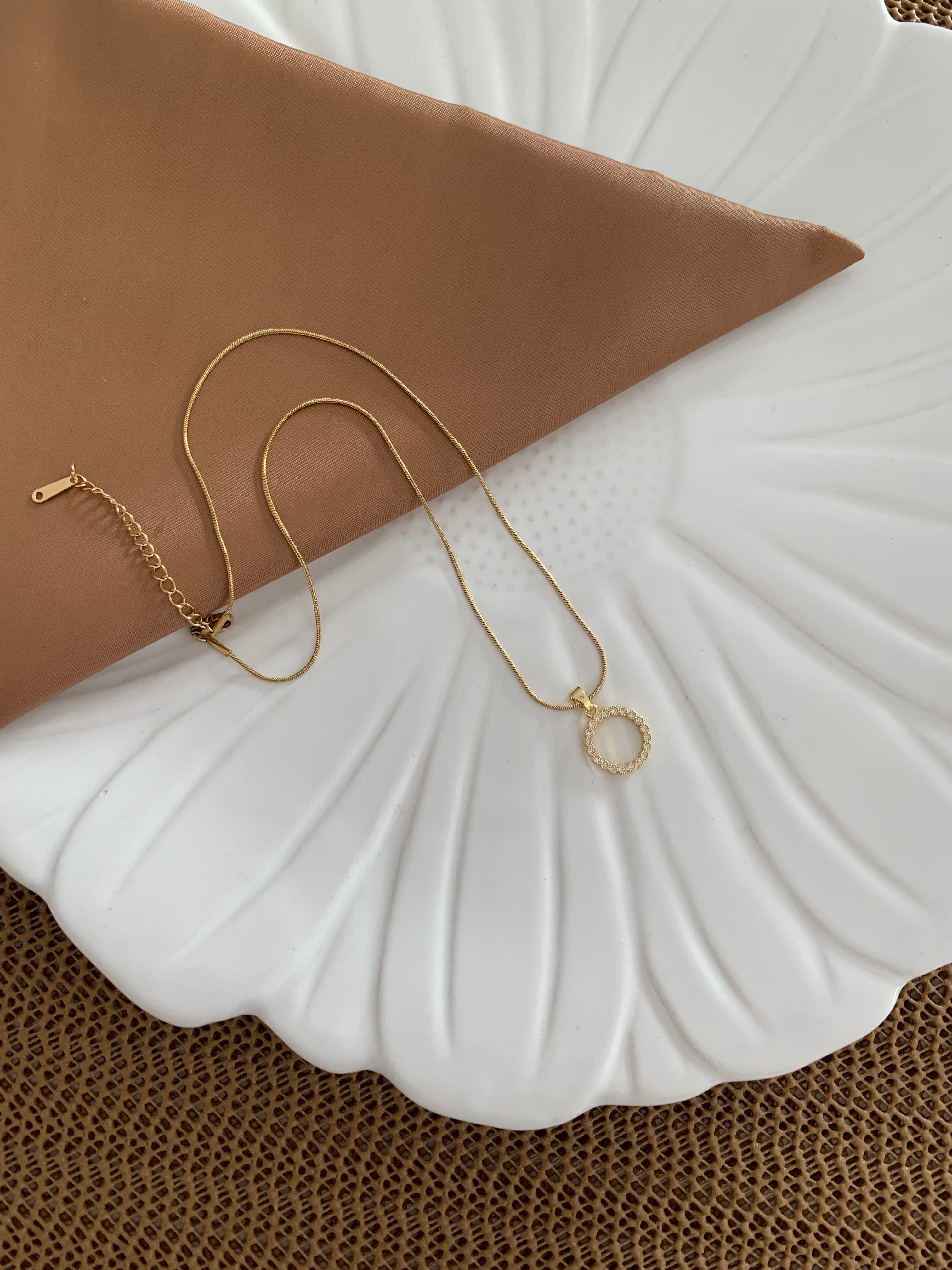 Çelik Gold İtalyan Zincir Zirkon Taşlı Daire Kolye