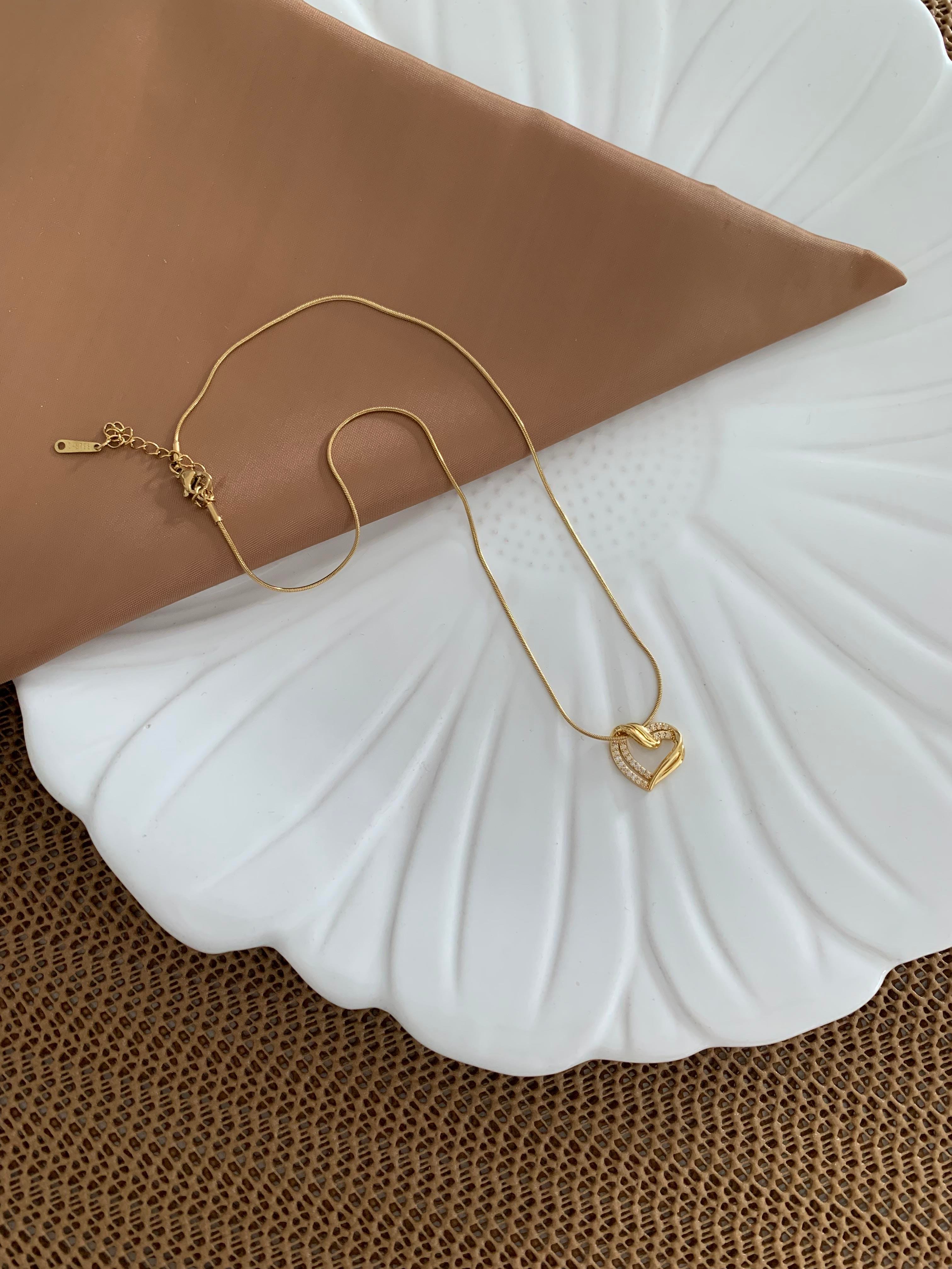 Çelik Gold İtalyan Zincir Zirkon Taşlı İç İçe Kalp Kolye