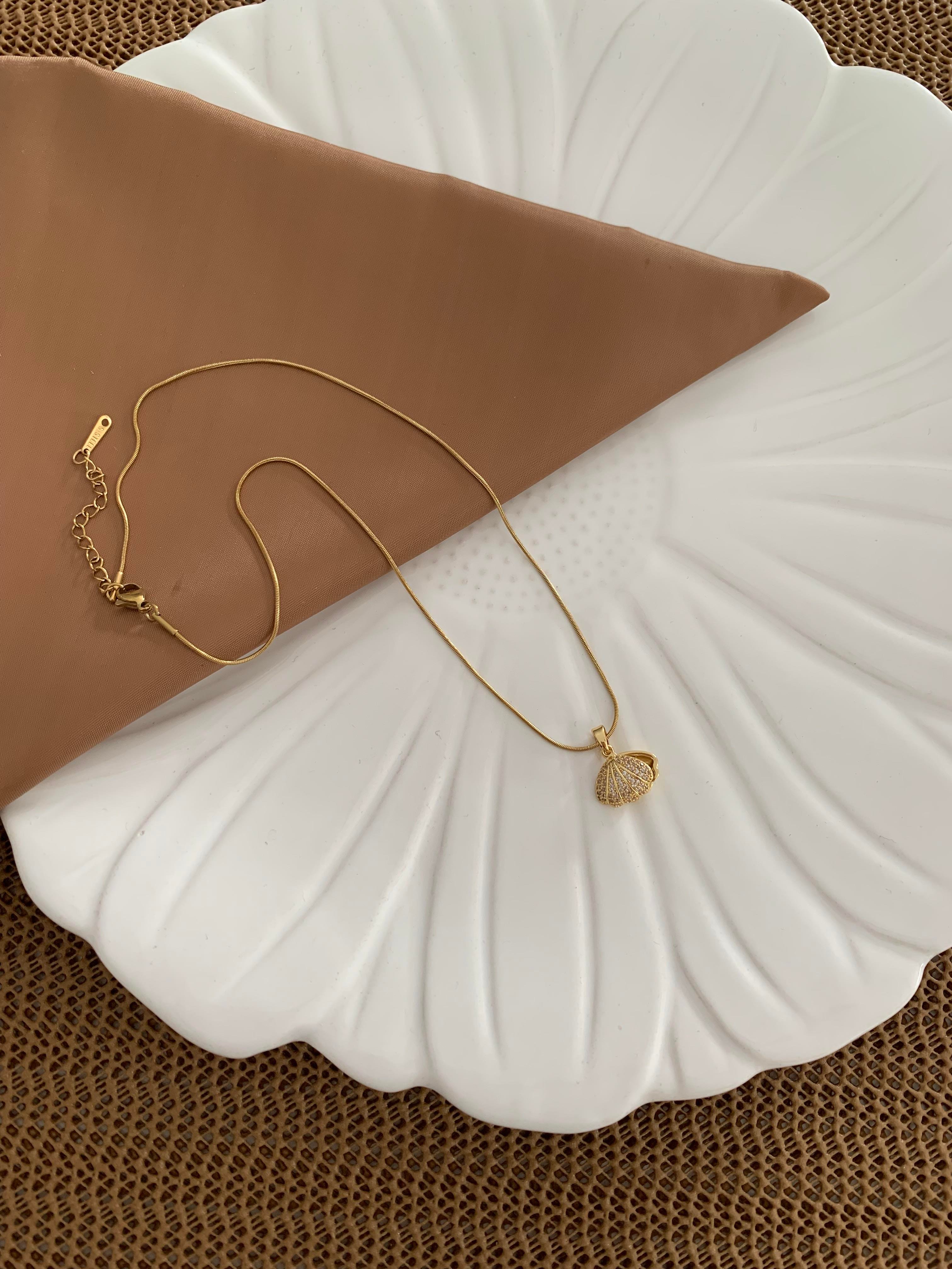 Çelik Gold İtalyan Zincir Zirkon Taşlı Midye Kolye