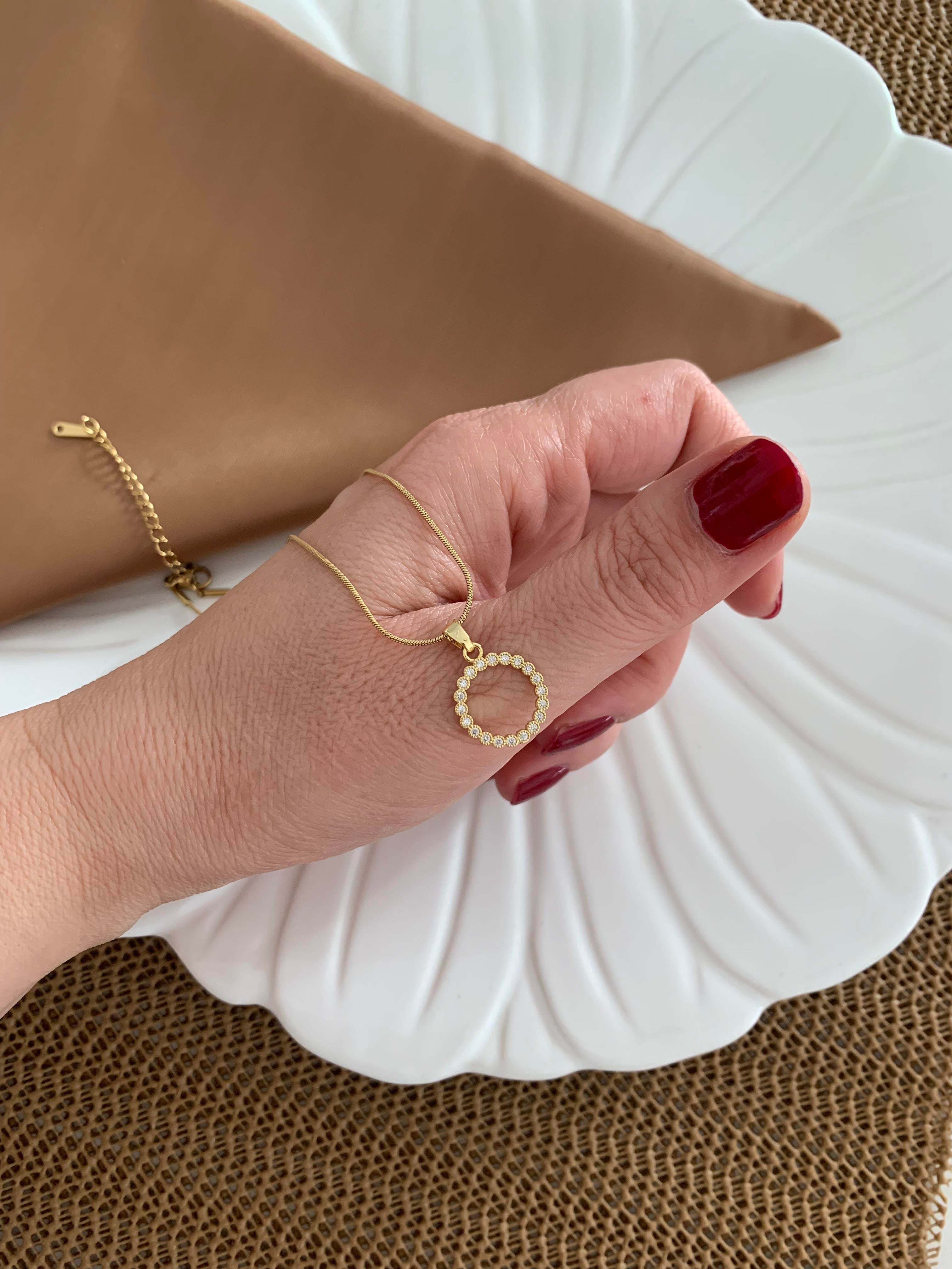 Çelik Gold İtalyan Zincir Zirkon Taşlı Daire Kolye