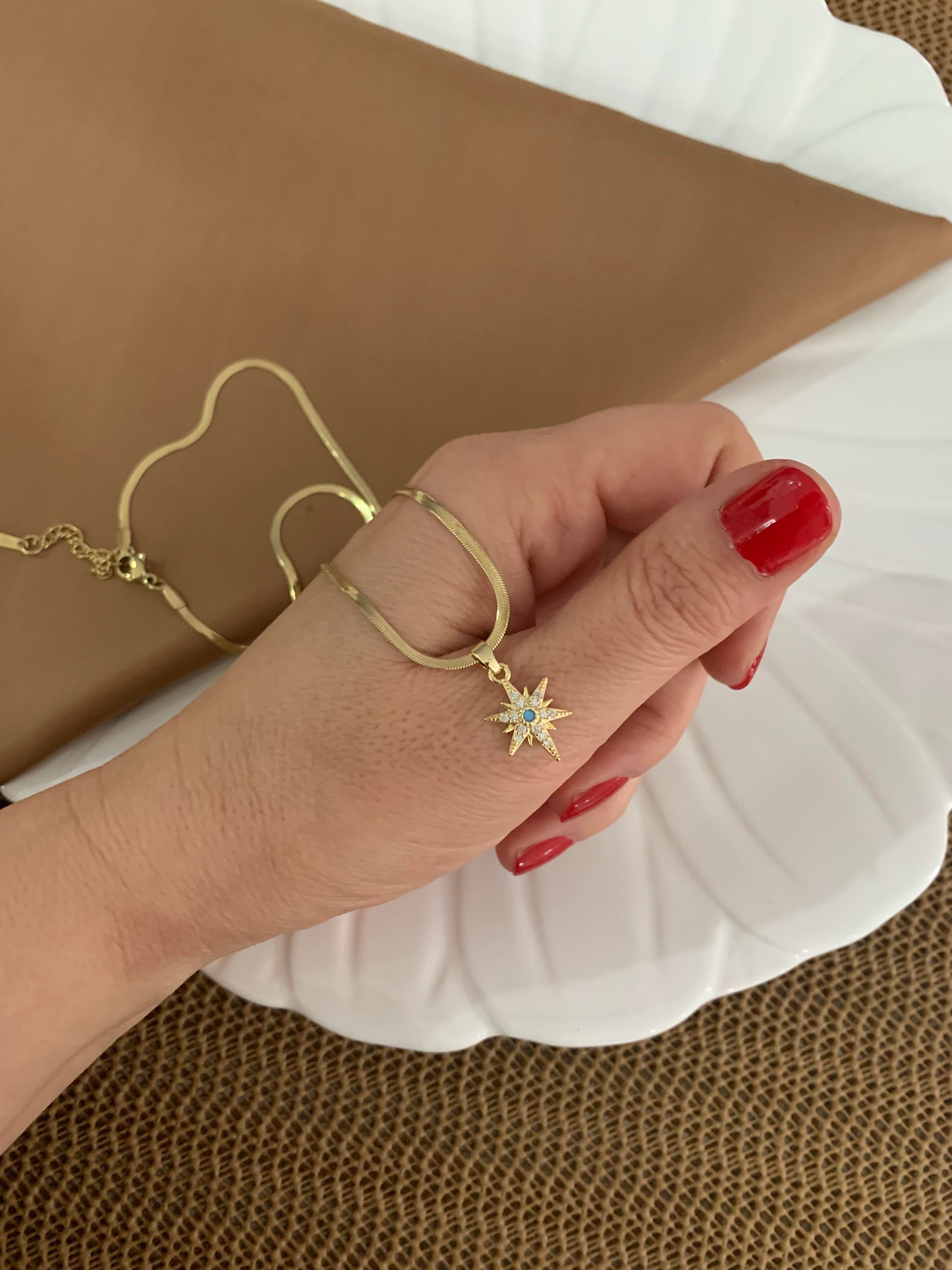 Çelik Gold İtalyan Zincir  Zirkon Taşlı Mavi Kutup Yıldız Kolye