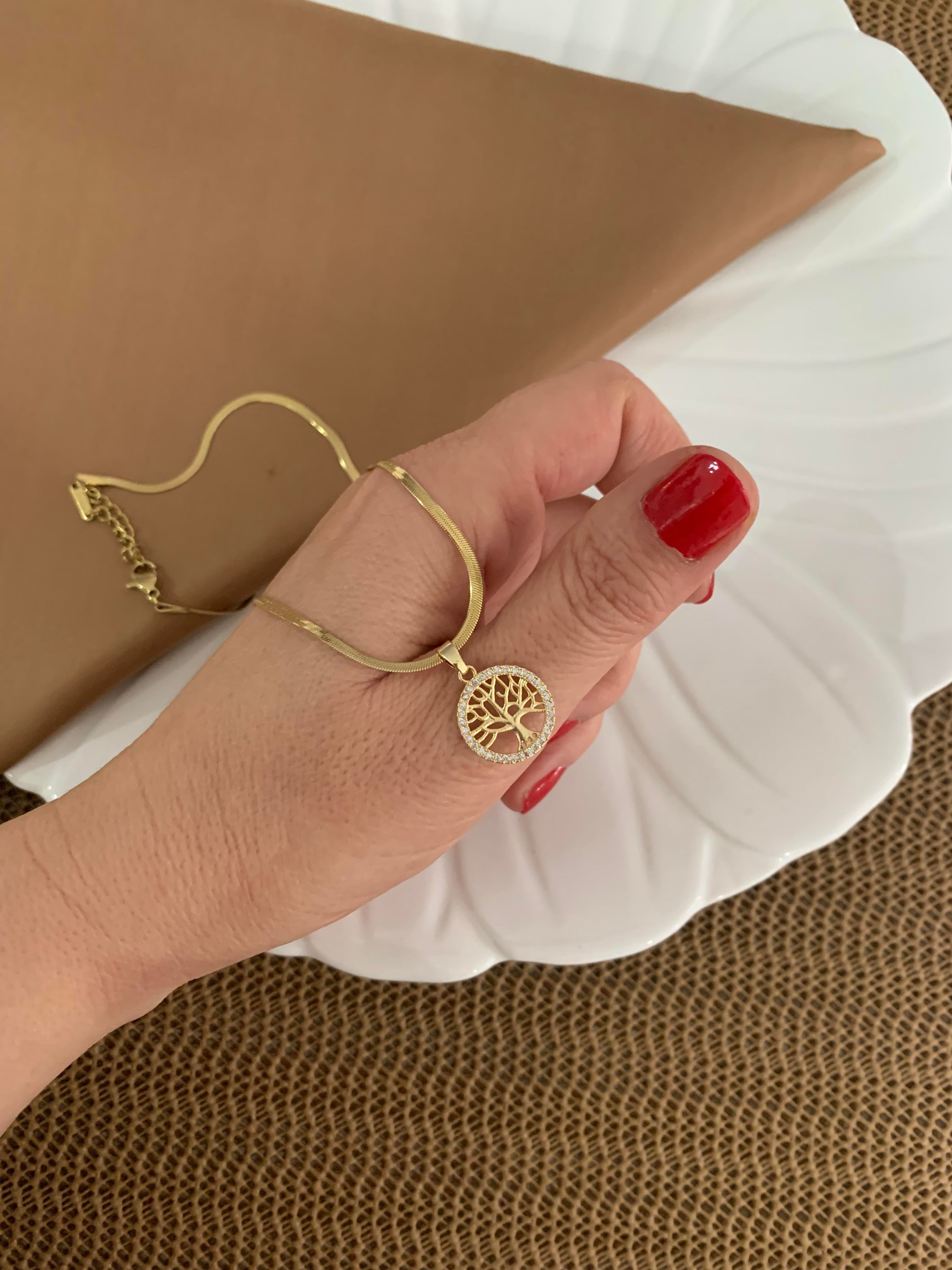 Çelik Gold İtalyan Zincir Zirkon Taşlı Hayat Ağacı Kolye