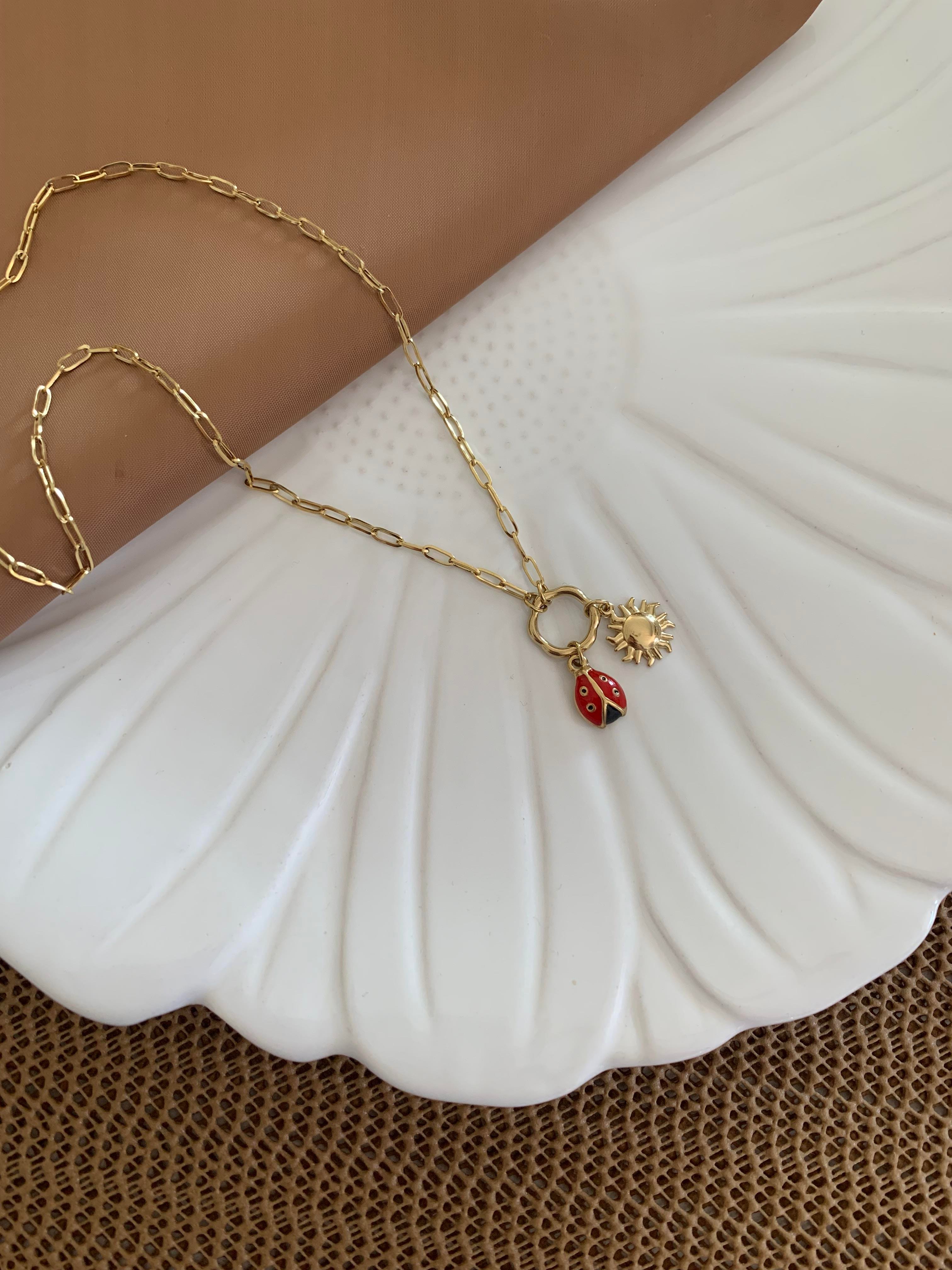 Çelik İç İçe Geçme Zincirli Uğurböceği Güneş Charm Kolye