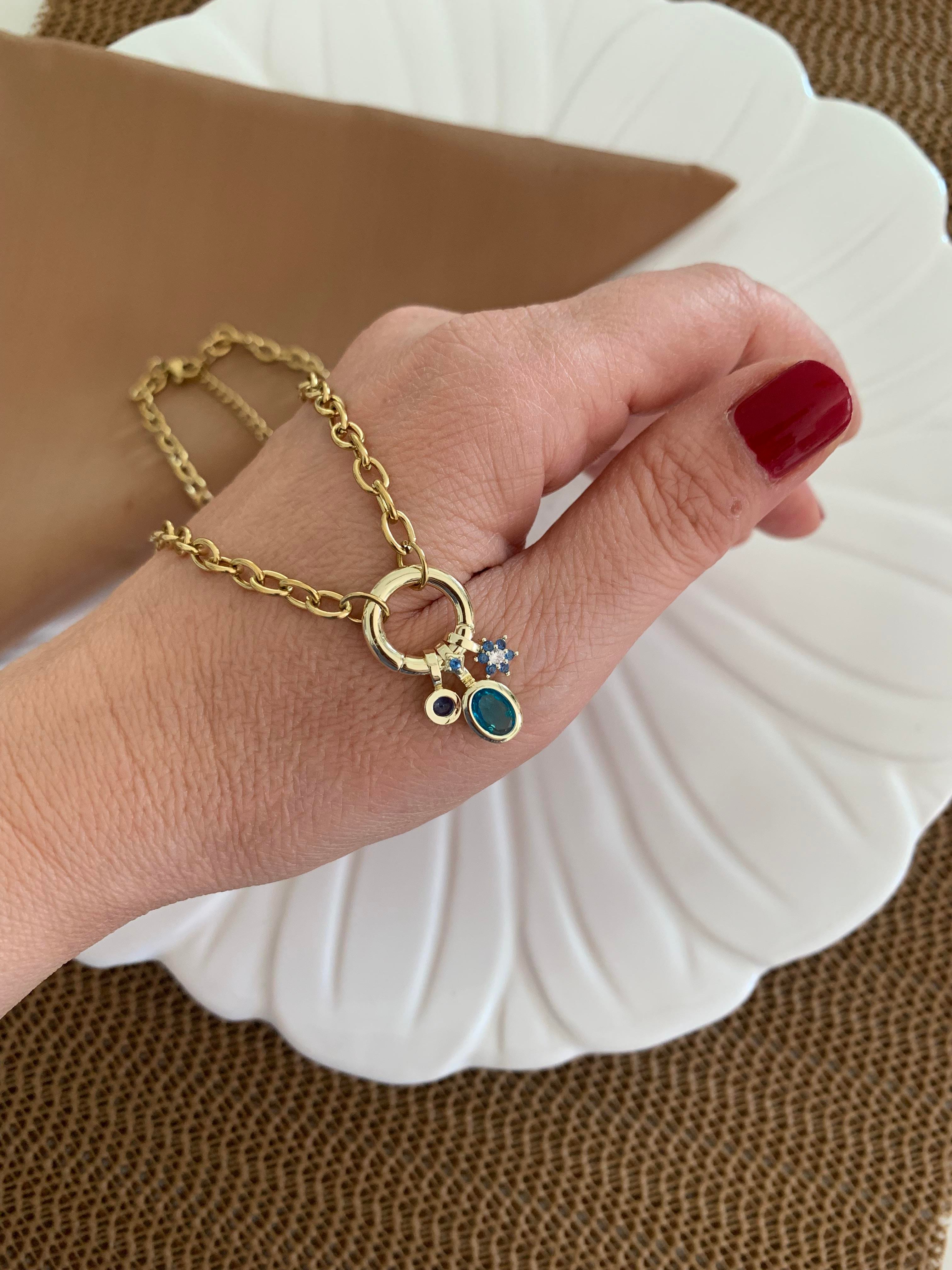 Çelik İnce Ataç Zincirli Yıldız Mavi Taşlı Oval Charm Kolye