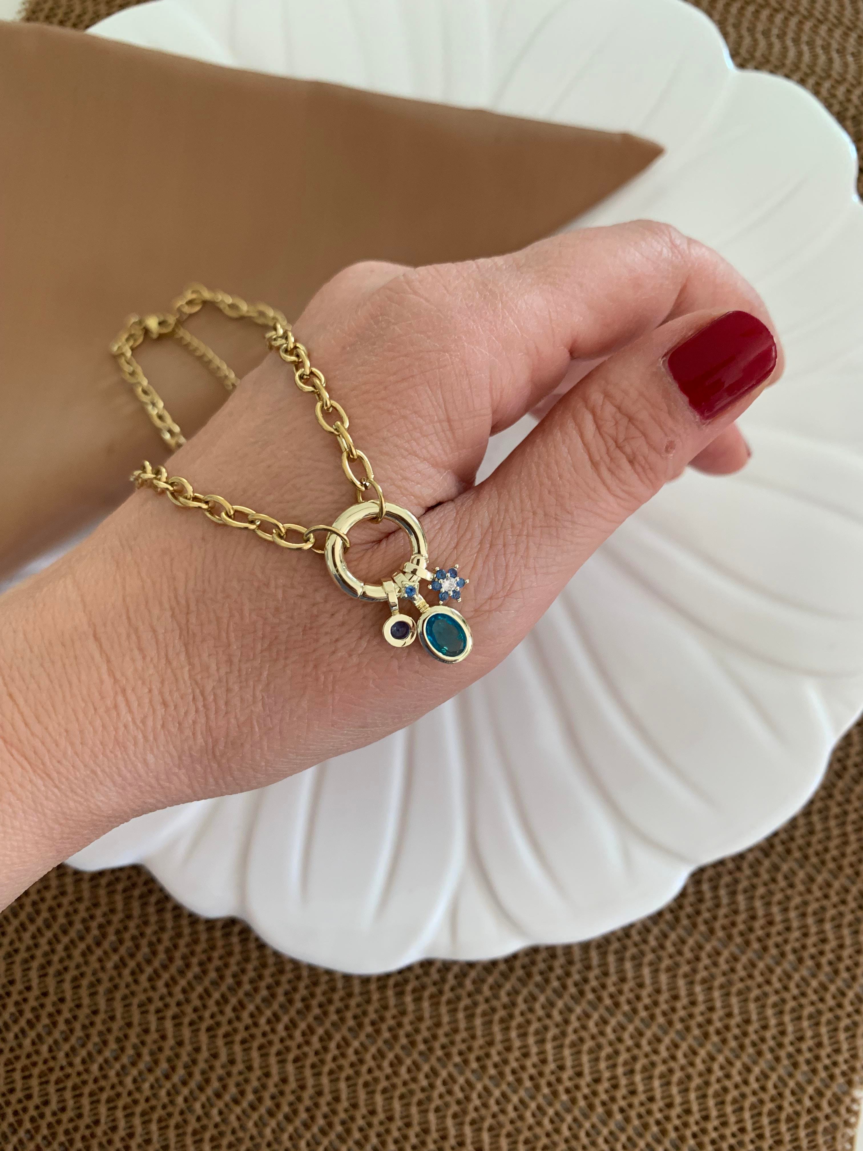 Çelik İnce Ataç Zincirli Yıldız Mavi Taşlı Oval Charm Kolye
