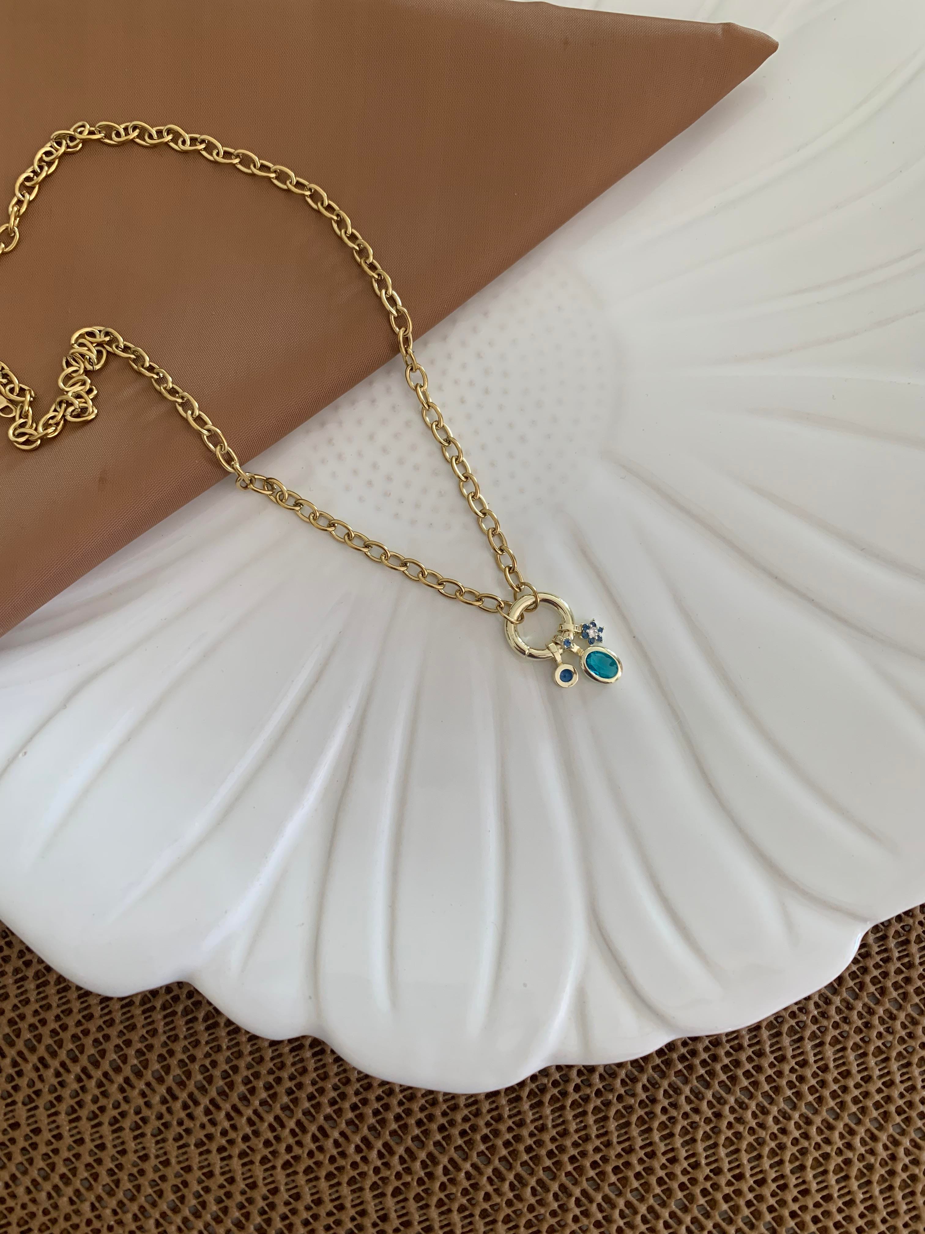 Çelik İnce Ataç Zincirli Yıldız Mavi Taşlı Oval Charm Kolye