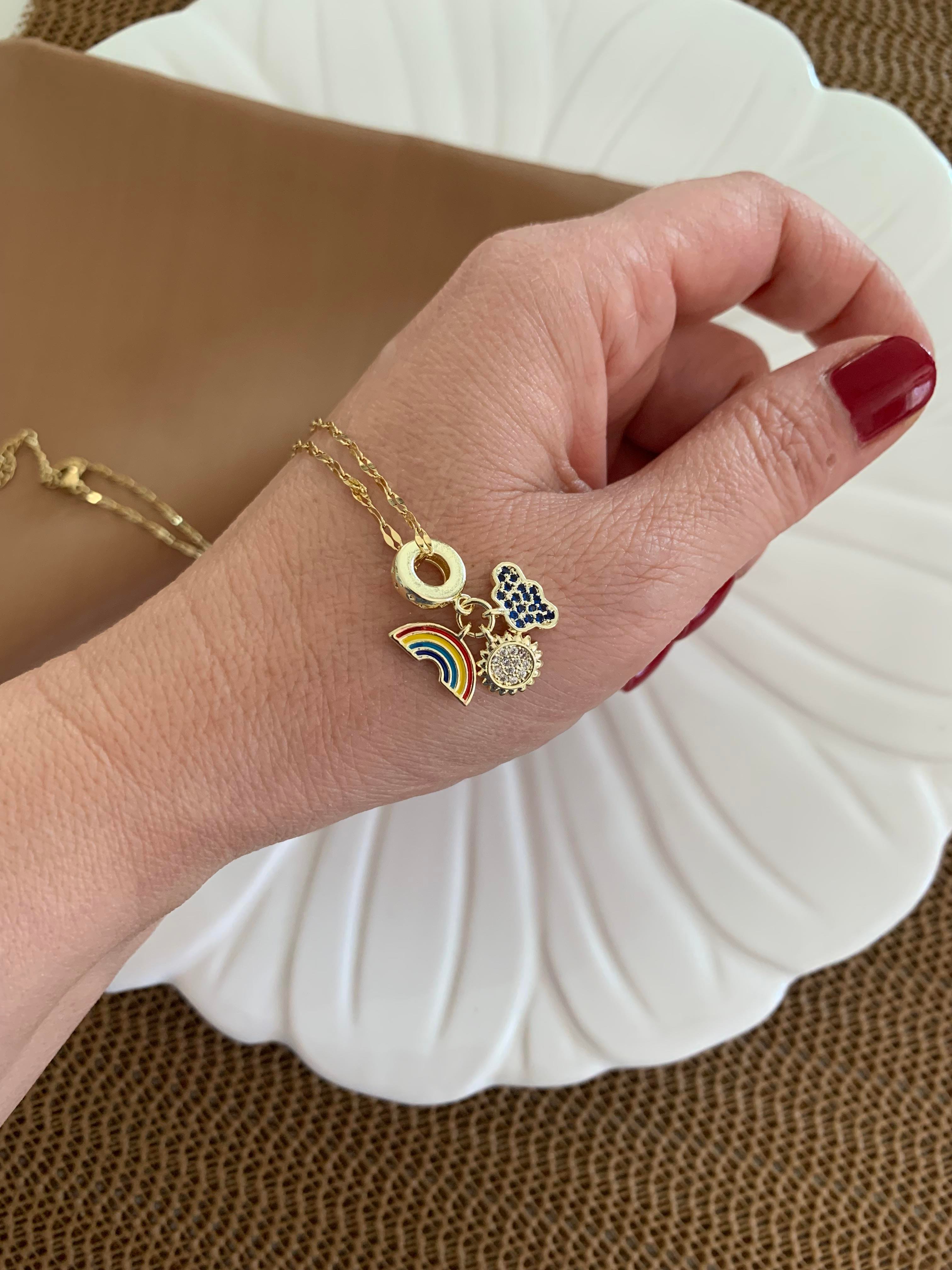 Çelik İnce Zincir Zirkon Taşlı Gökkuşağı Bulut Charm Kolye