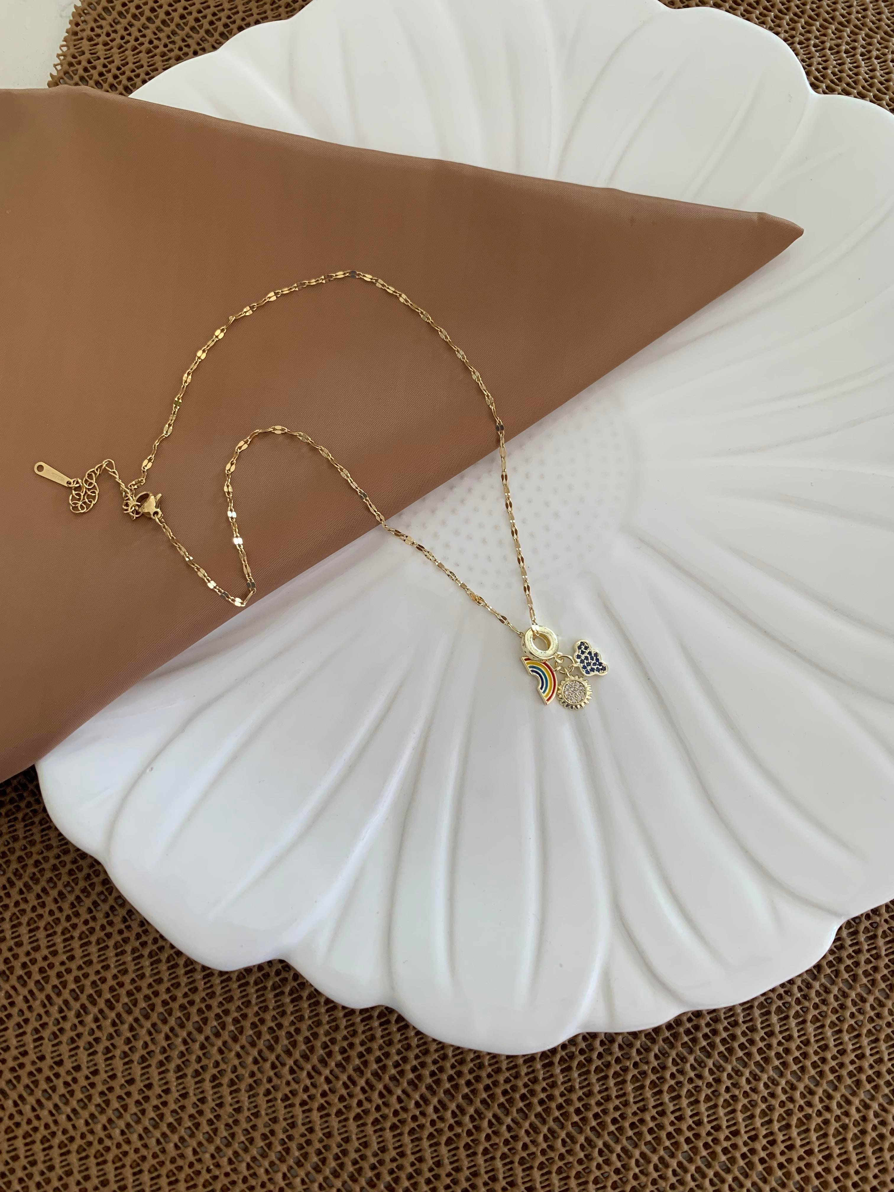 Çelik İnce Zincir Zirkon Taşlı Gökkuşağı Bulut Charm Kolye