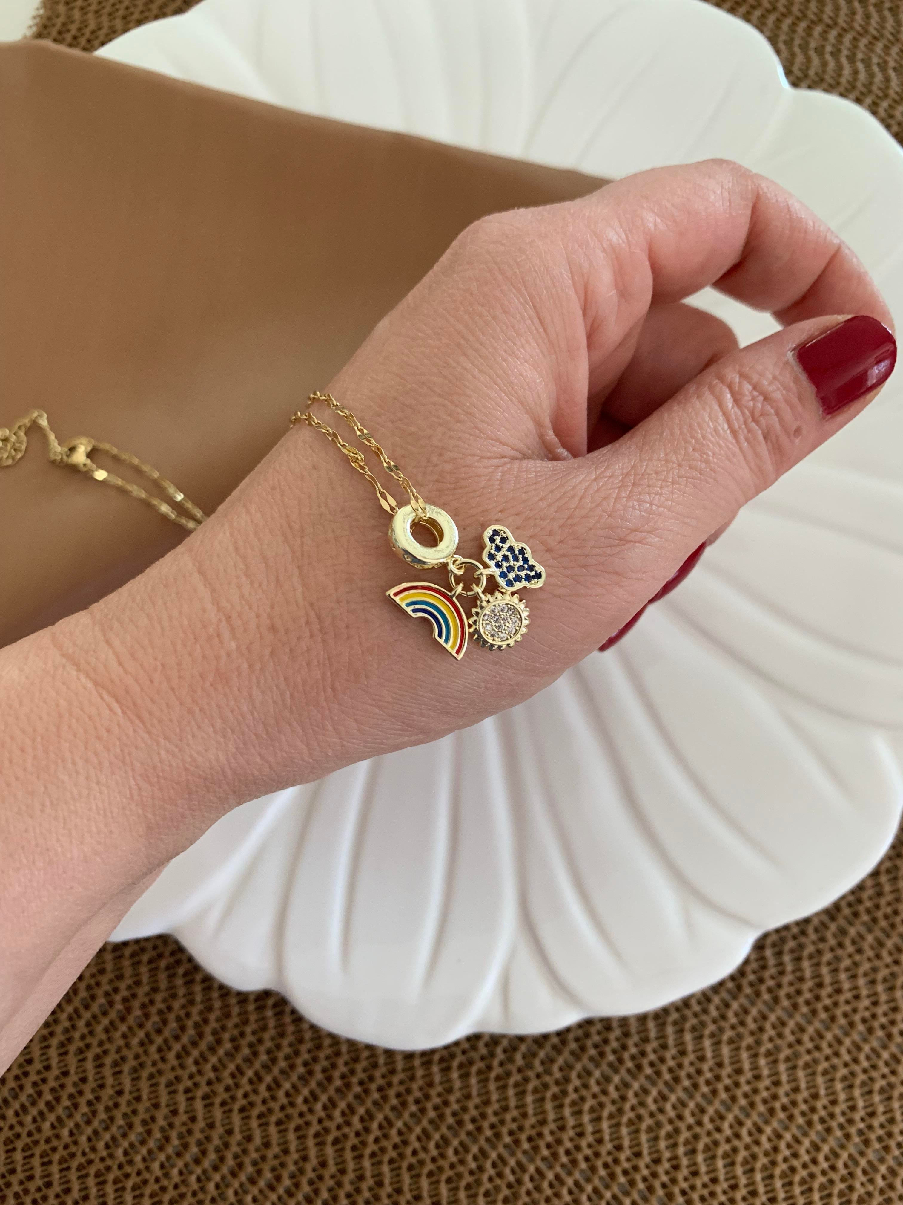 Çelik İnce Zincir Zirkon Taşlı Gökkuşağı Bulut Charm Kolye