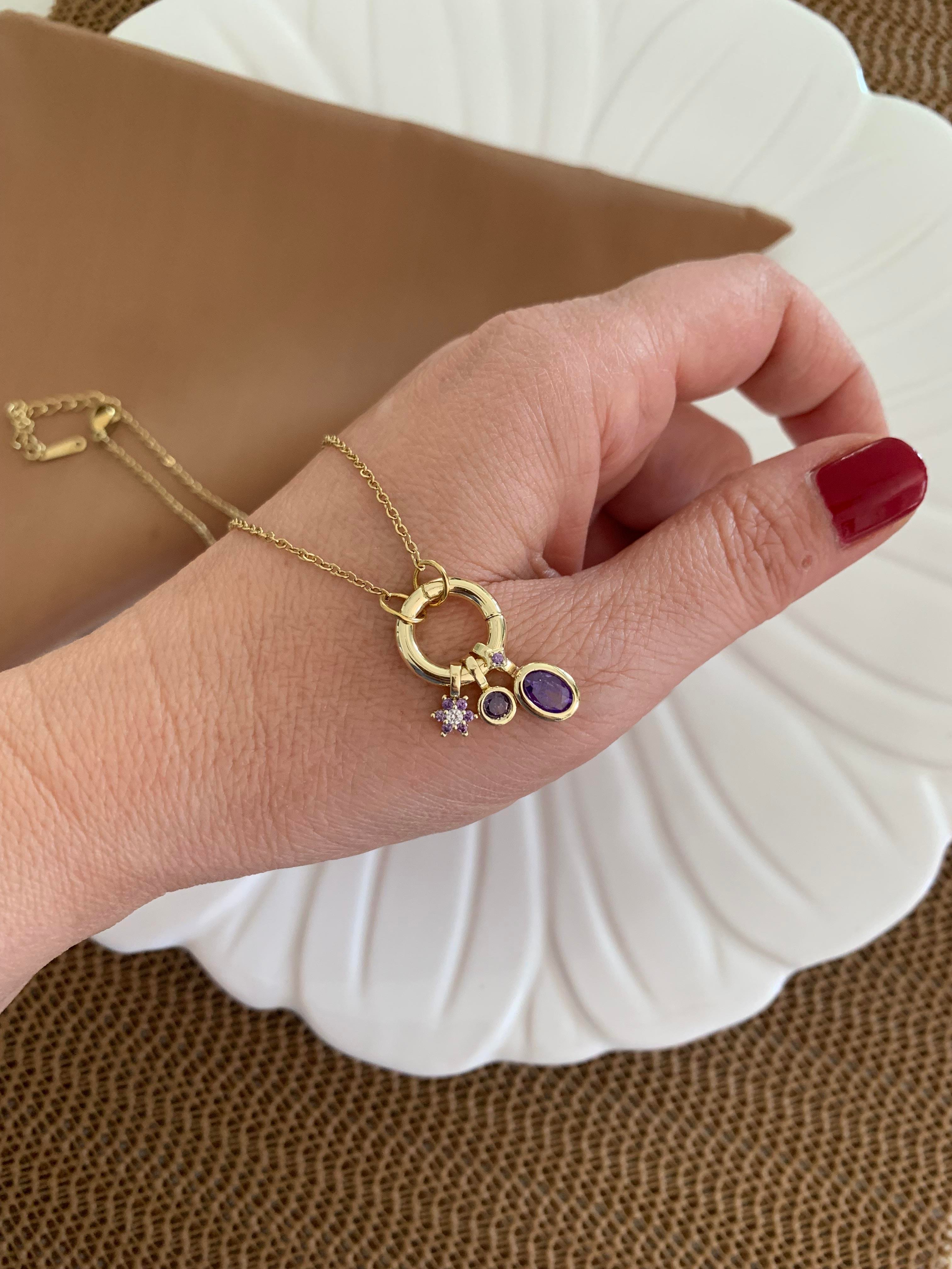 Çelik İnce Zincirli Yıldız Mor Taşlı Oval Charm Kolye