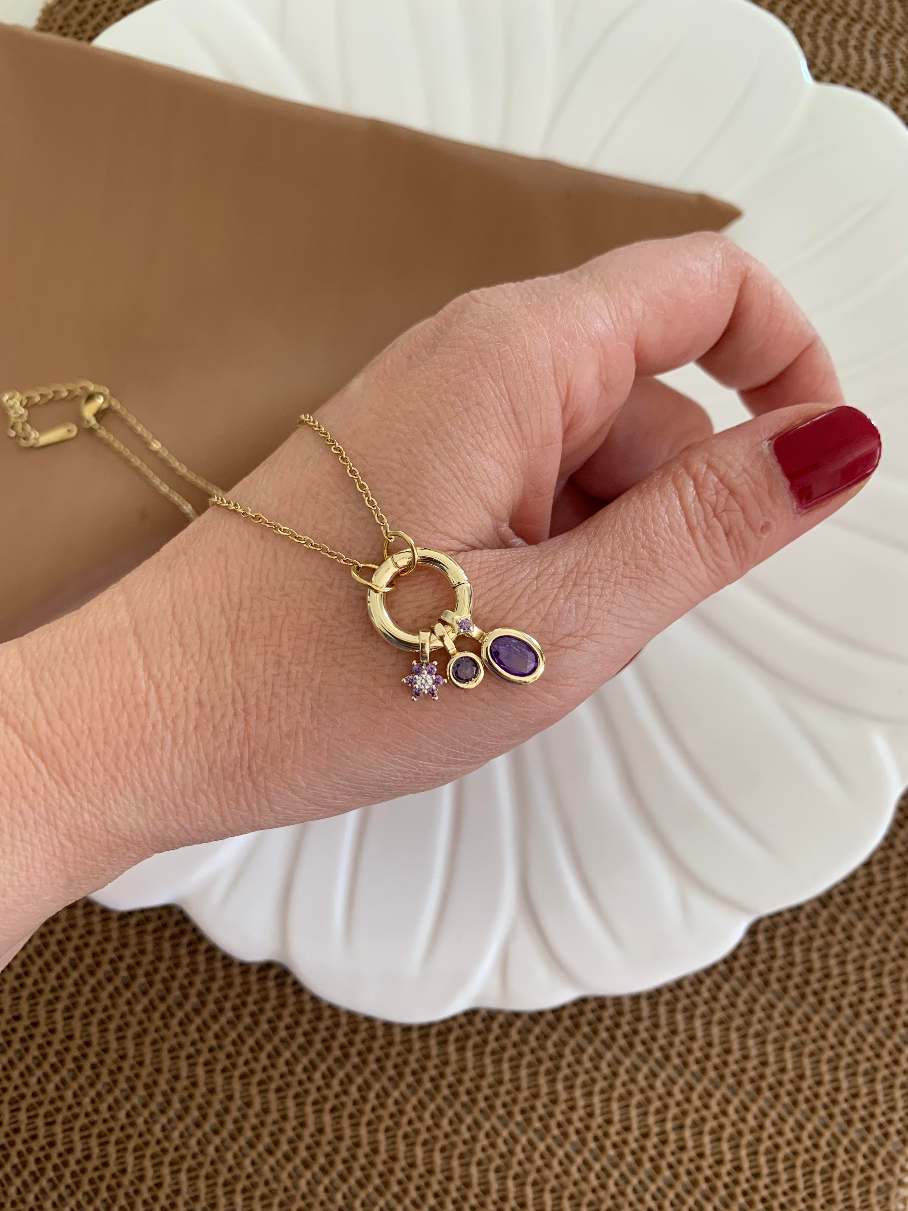 Çelik İnce Zincirli Yıldız Mor Taşlı Oval Charm Kolye