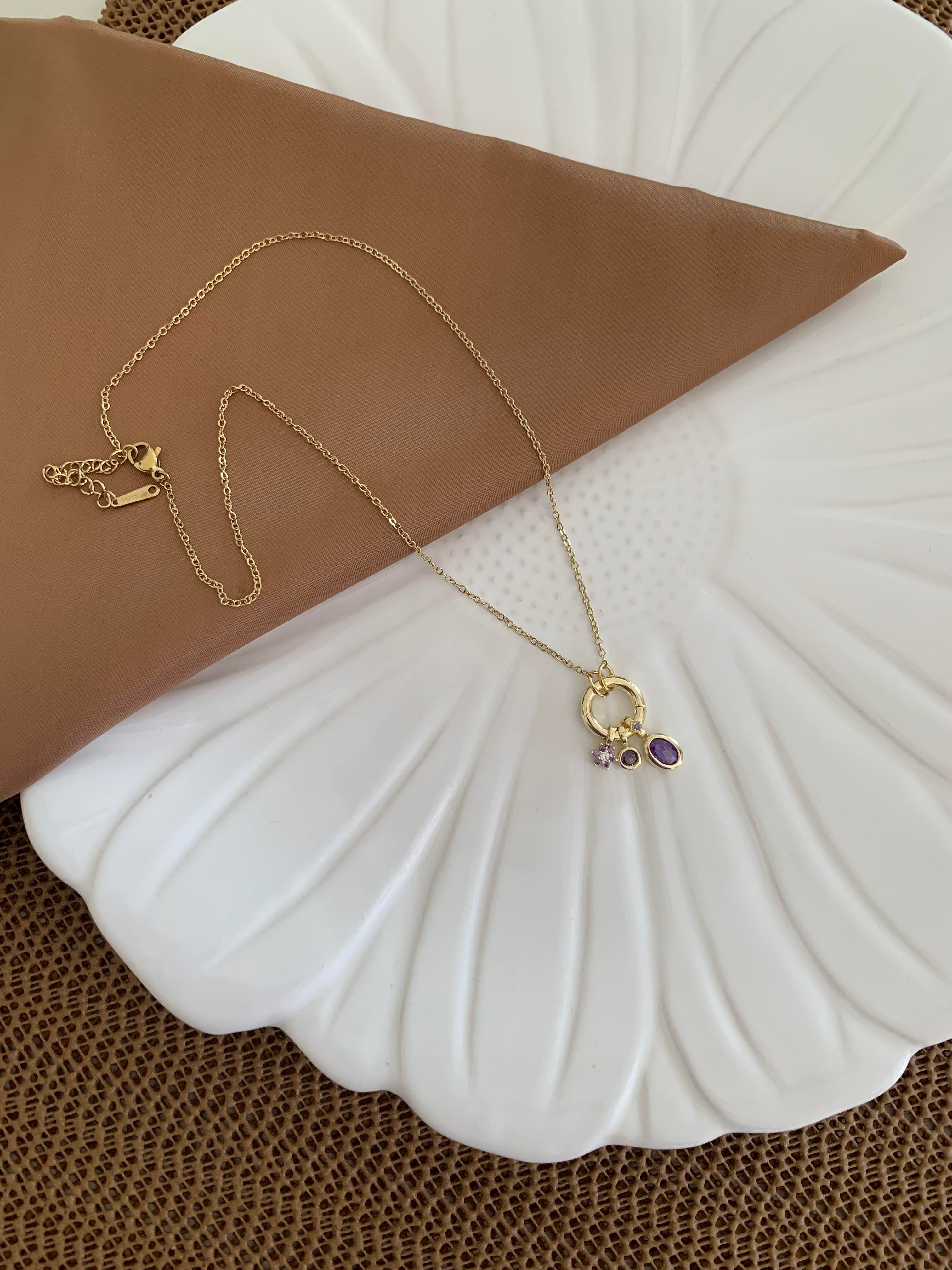 Çelik İnce Zincirli Yıldız Mor Taşlı Oval Charm Kolye