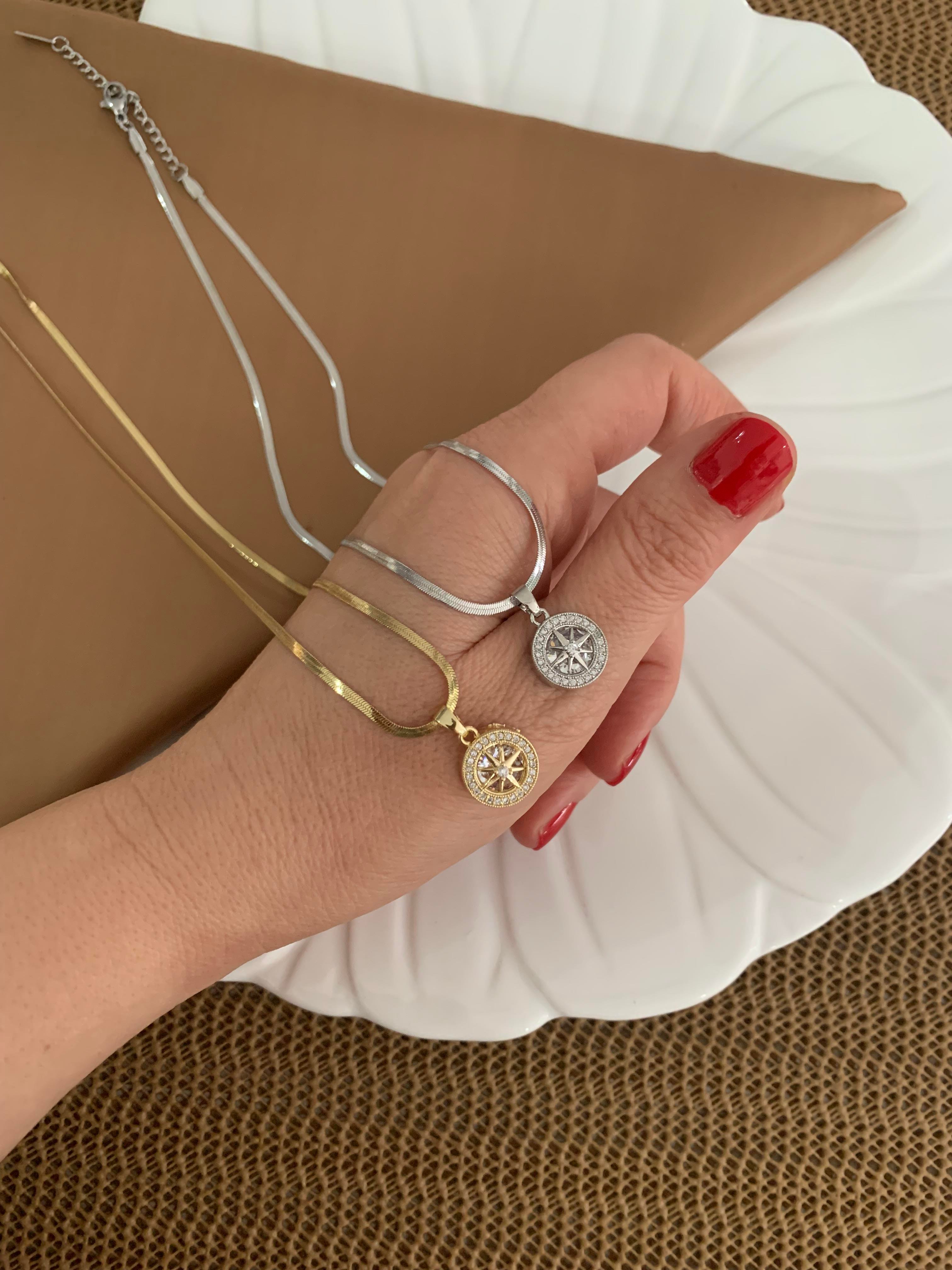 Çelik İtalyan Zincir Zirkon Taşlı Daire Kutup Yıldız Kolye
