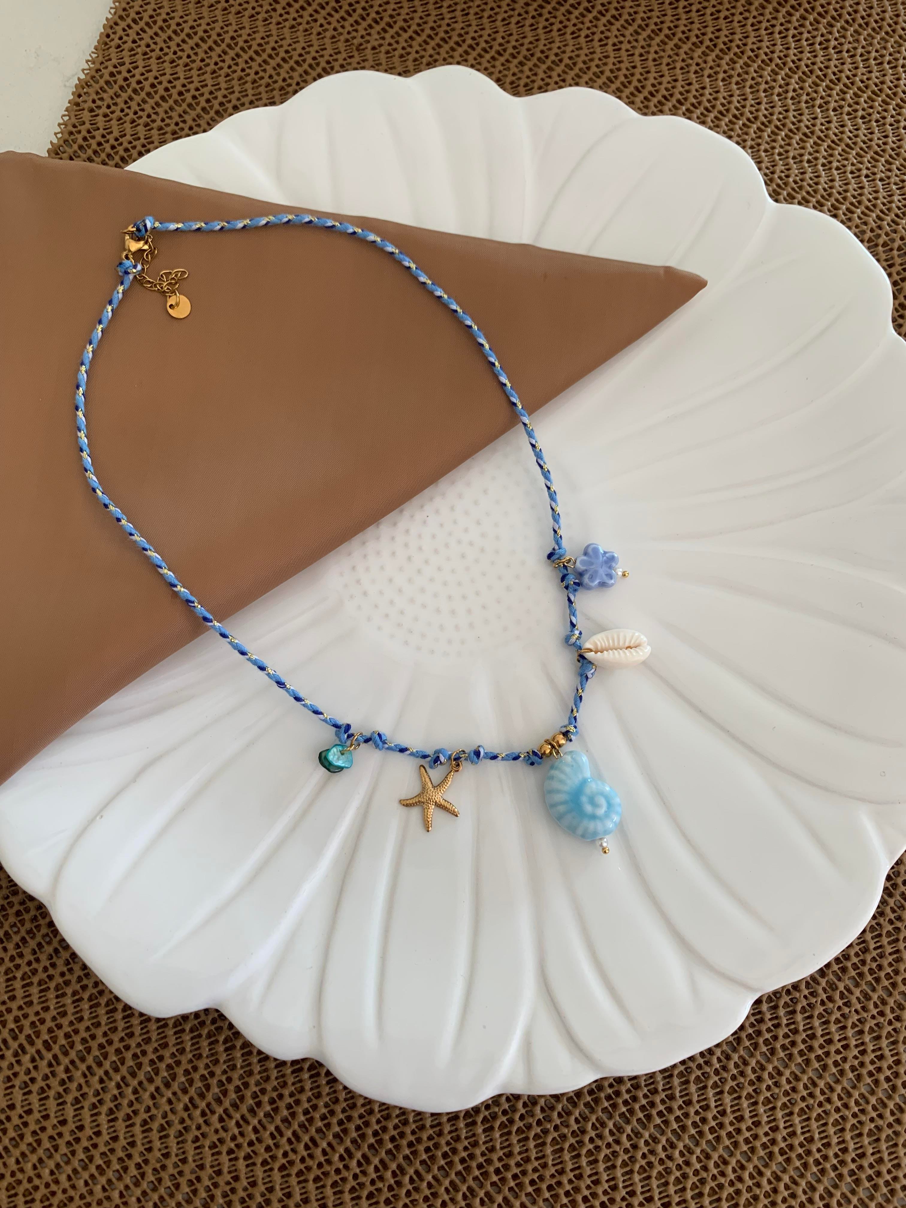 Çelik Mavi İp Deniz Kabuğu Charm Kolye