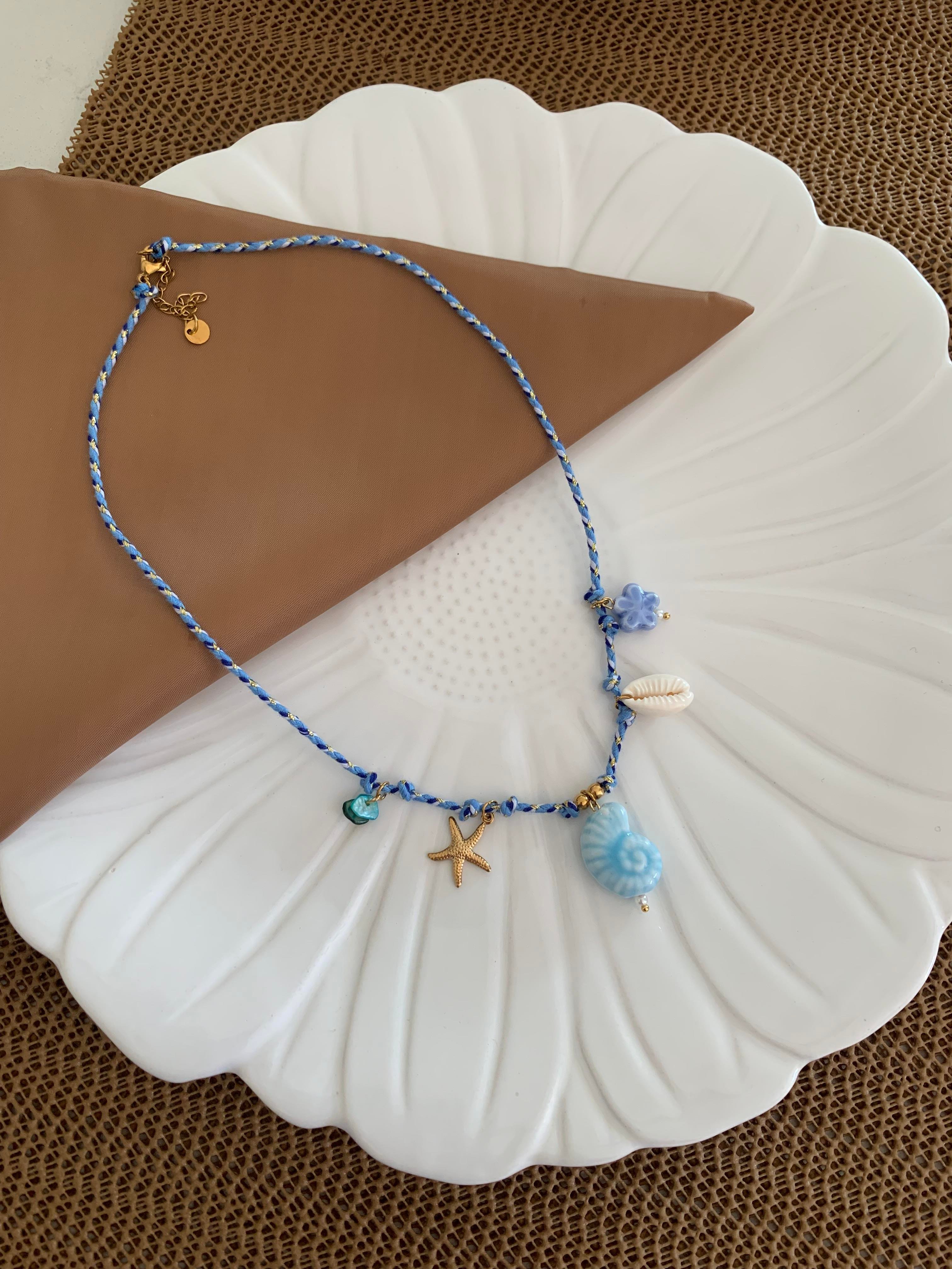 Çelik Mavi İp Deniz Kabuğu Charm Kolye