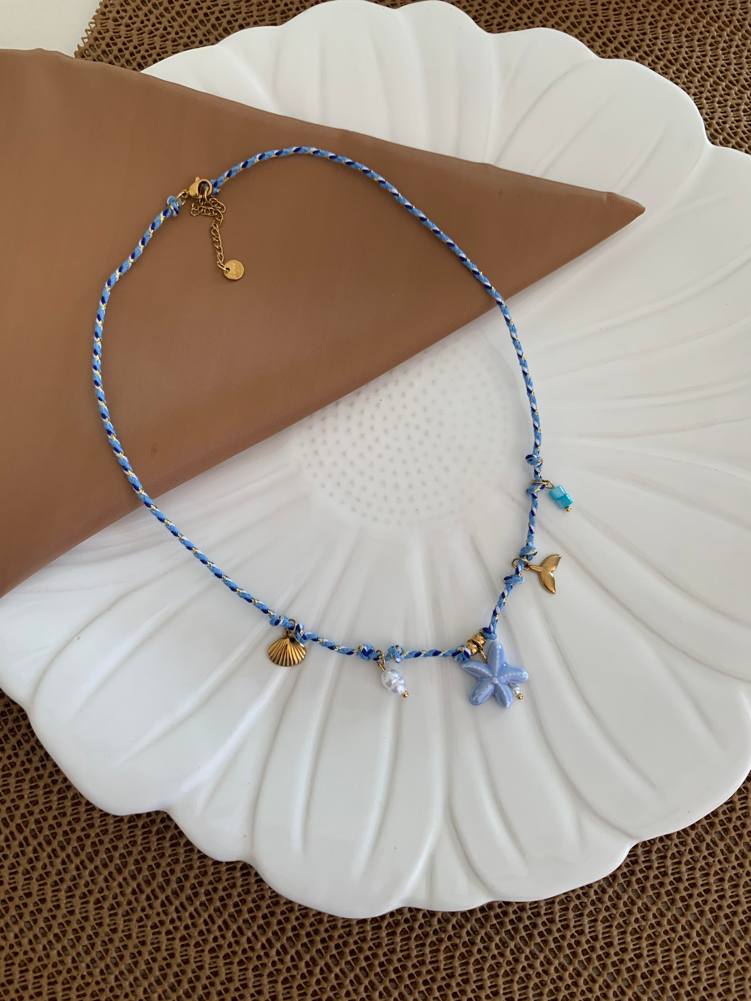 Çelik Mavi İp Midye Balık Yıldız Charm Kolye