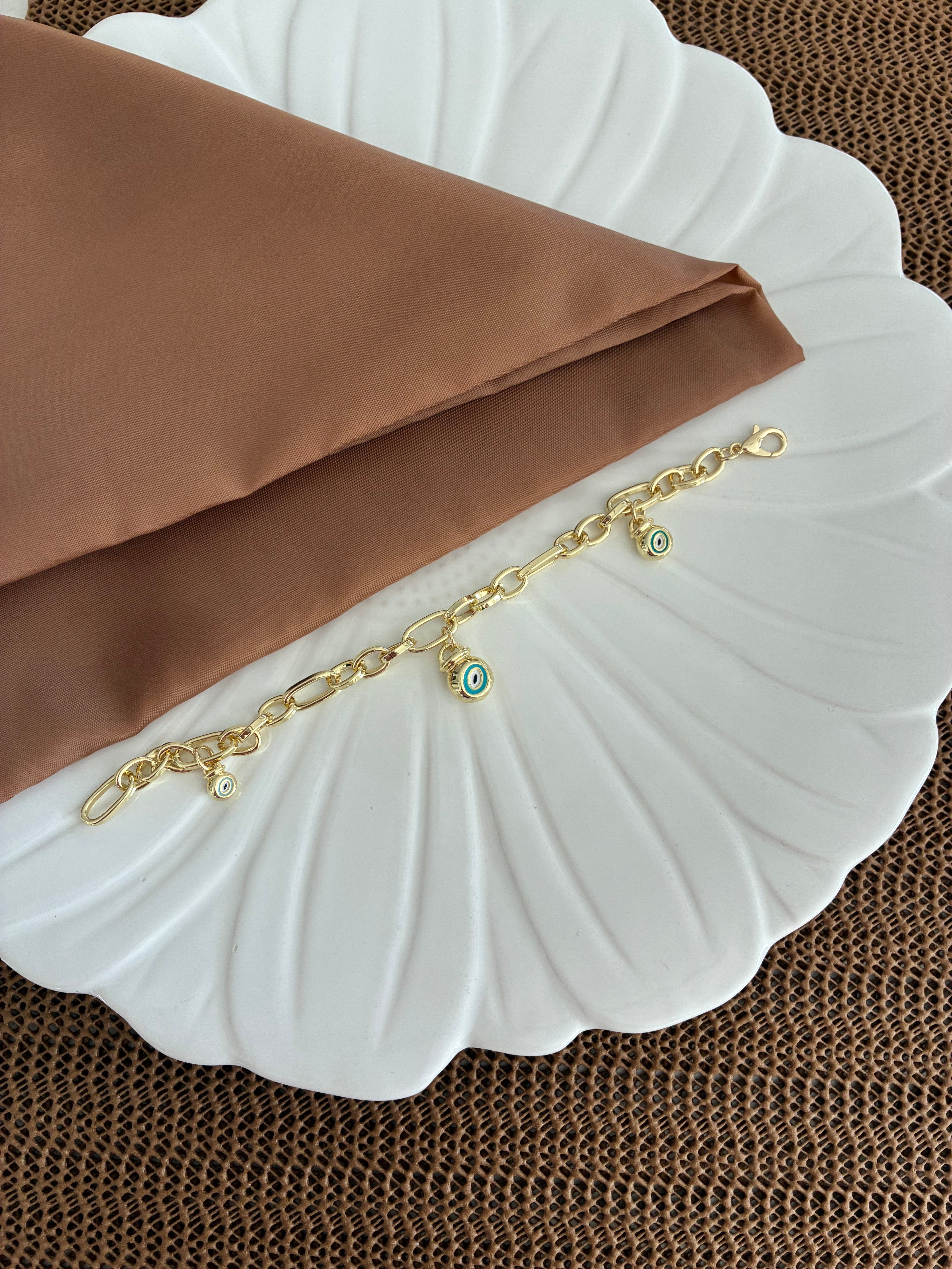 Özel Seri Gold İç İçe Geçme Zincirli Nazar Mineli Daire Charm Dümen Uçlu Bileklik