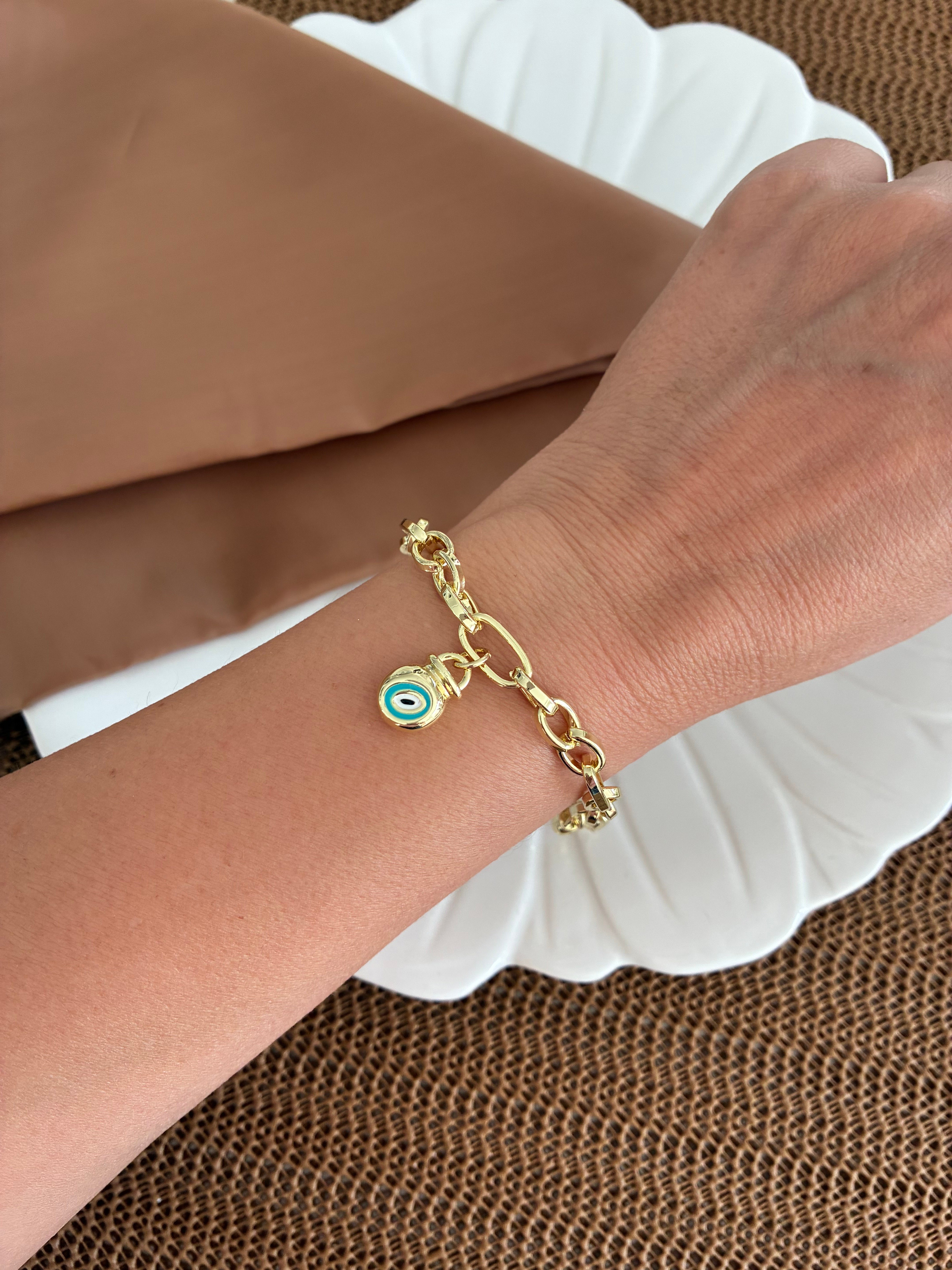 Özel Seri Gold İç İçe Geçme Zincirli Nazar Mineli Daire Charm Dümen Uçlu Bileklik