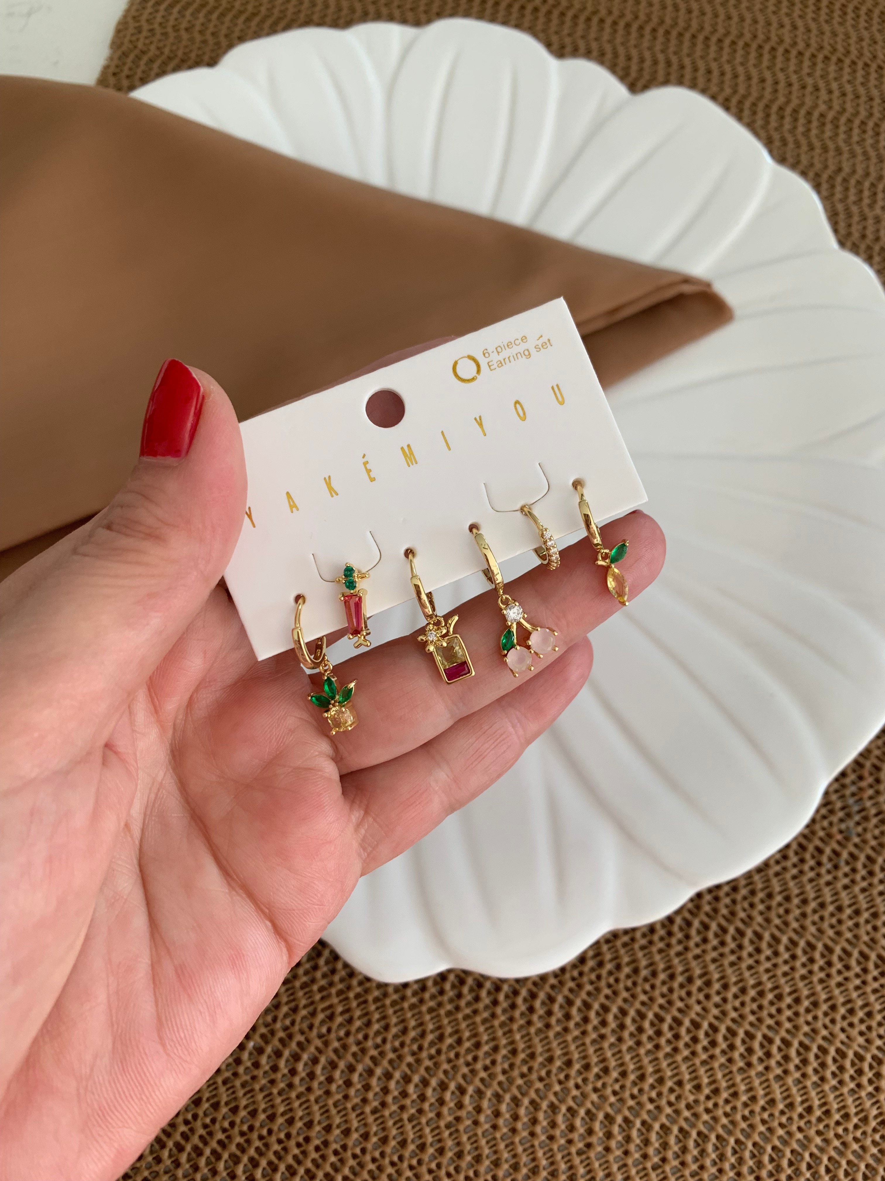 Özel Seri Renkli Baget Taşlı Ananas Charm 6 LI Set Halka Küpe