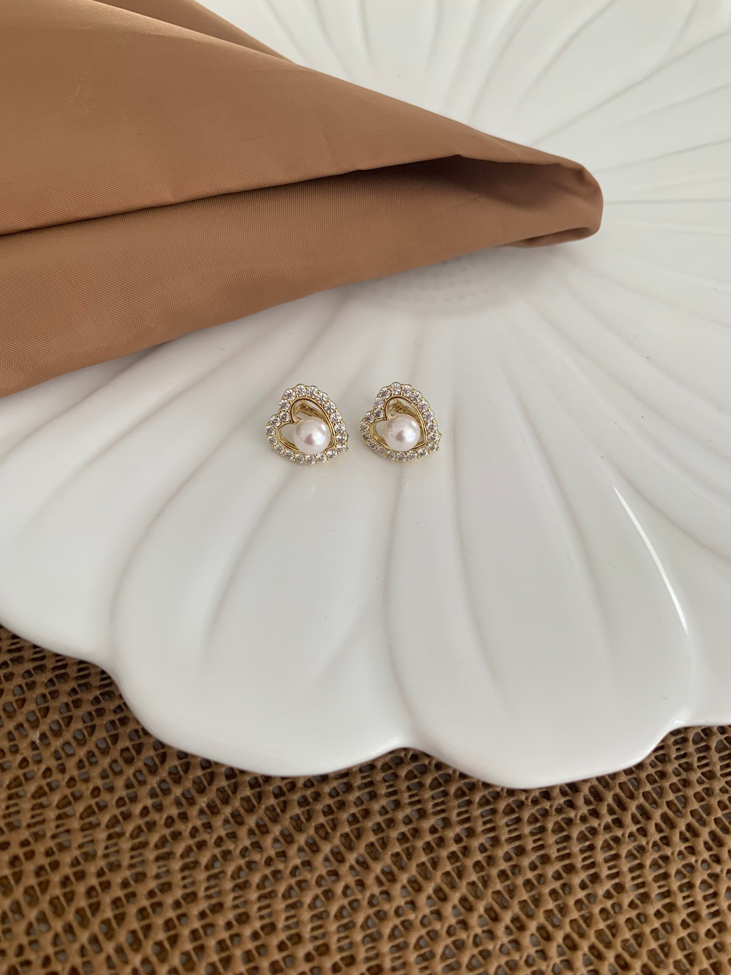 Vip 14k Komple Zirkon Taşlı Kalp İncili Küpe