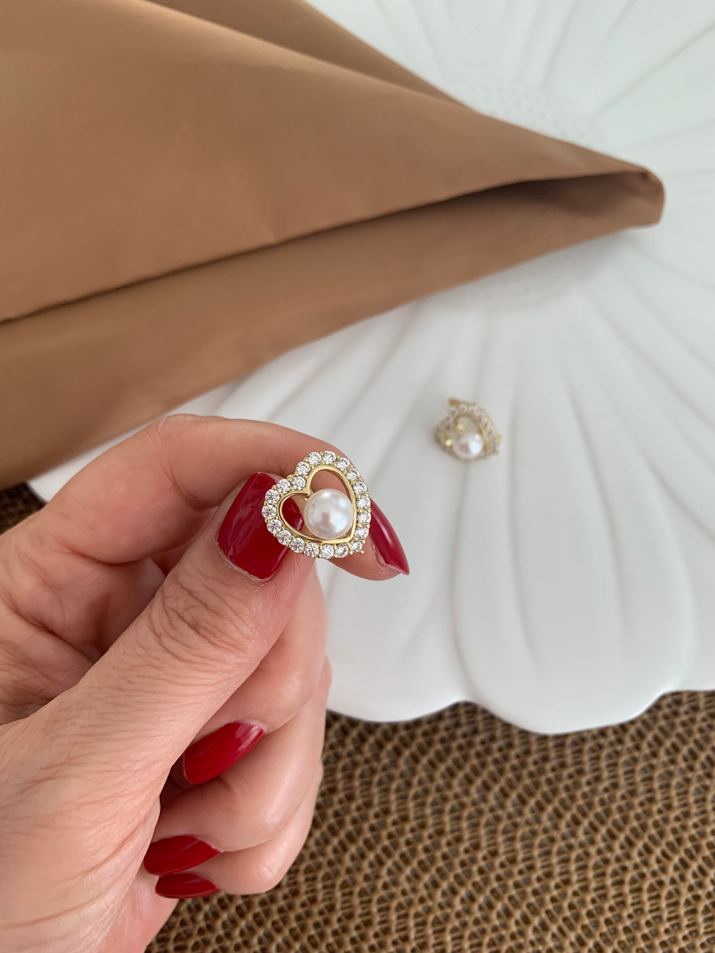 Vip 14k Komple Zirkon Taşlı Kalp İncili Küpe
