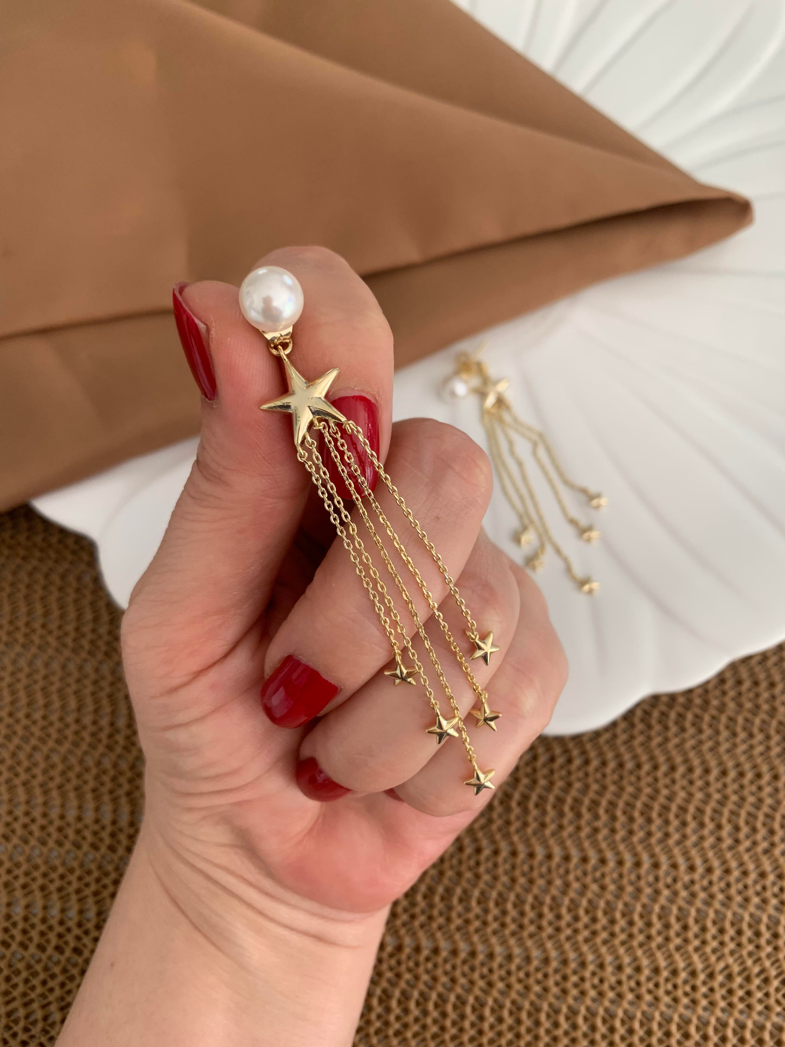 Vip 14k Top İncili Yıldız Sallantılı Tasarım Küpe