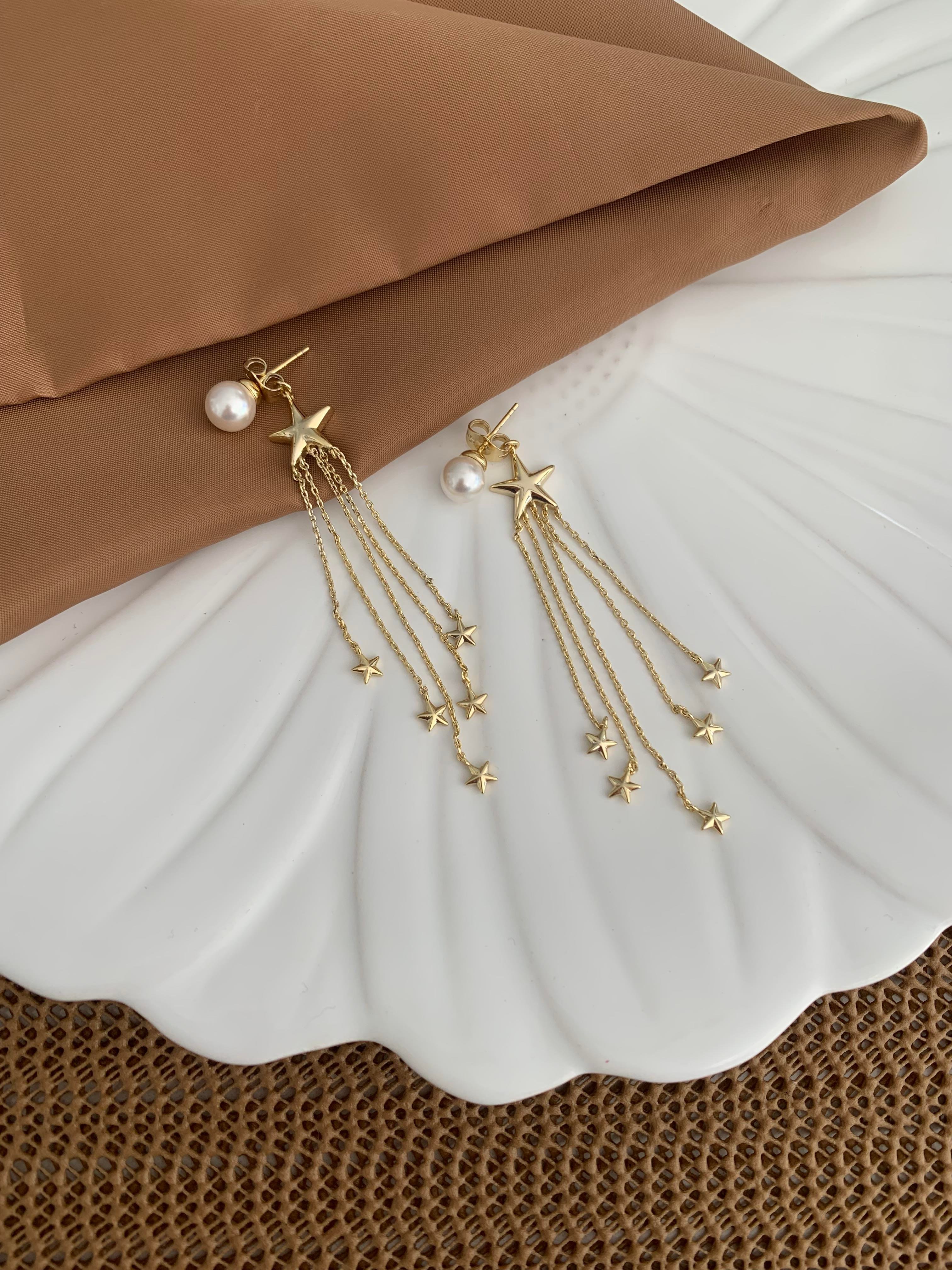 Vip 14k Top İncili Yıldız Sallantılı Tasarım Küpe