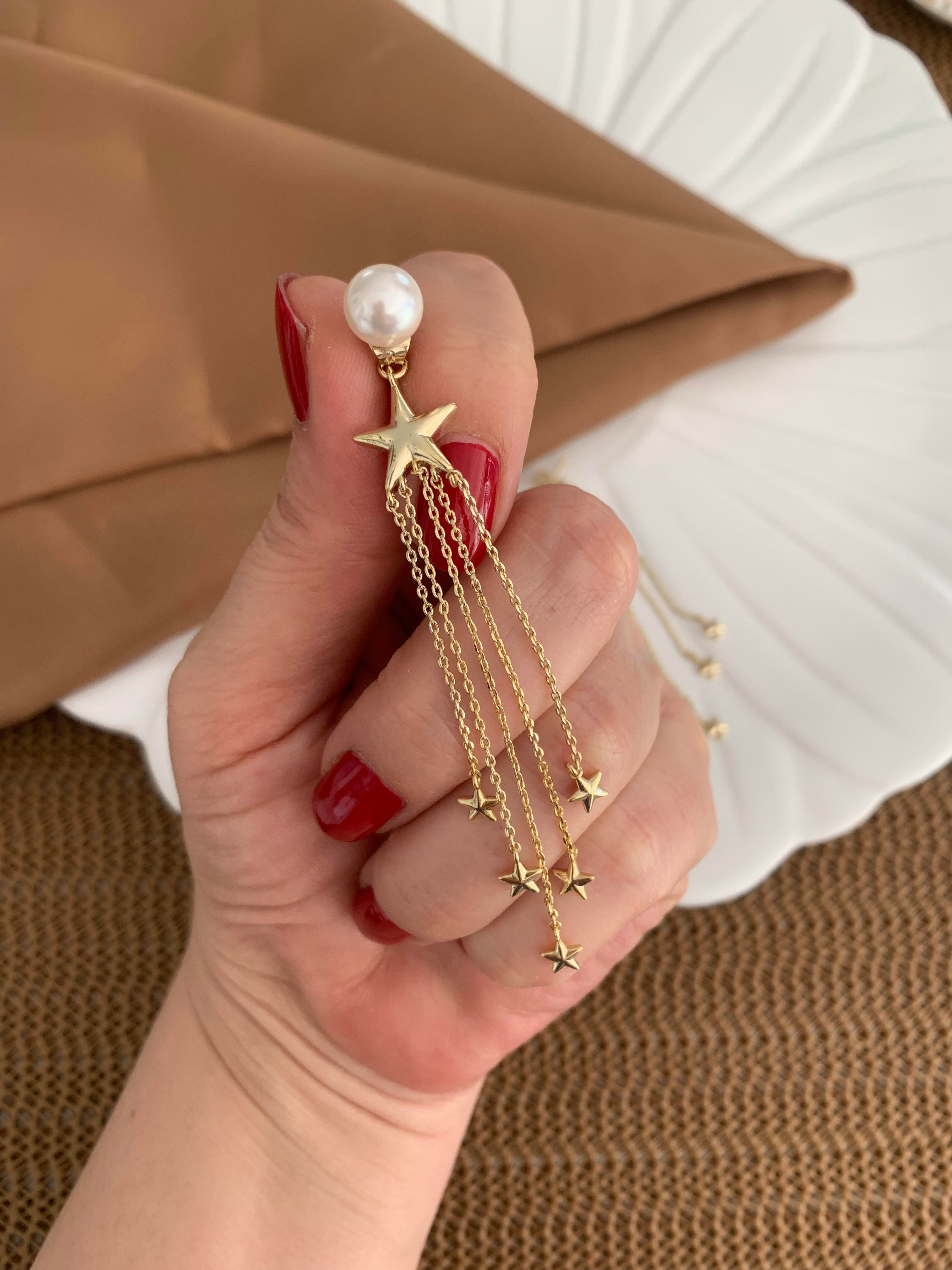 Vip 14k Top İncili Yıldız Sallantılı Tasarım Küpe