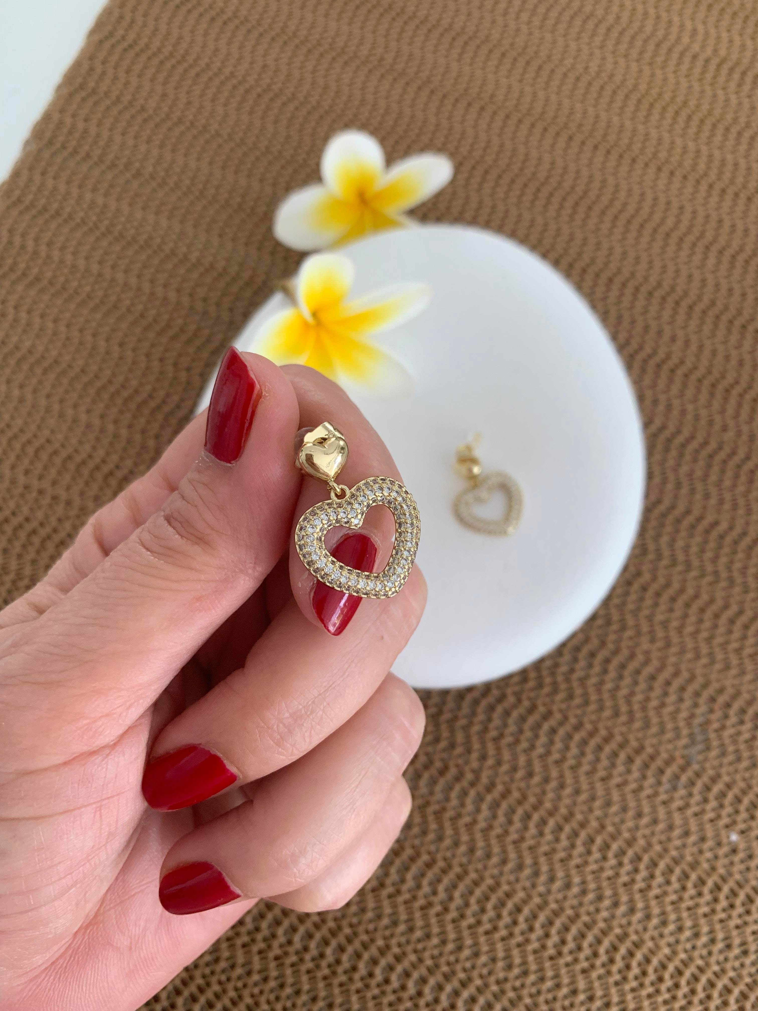 Vip 14k Zirkon Taşlı Kalp Sallantılı Küpe