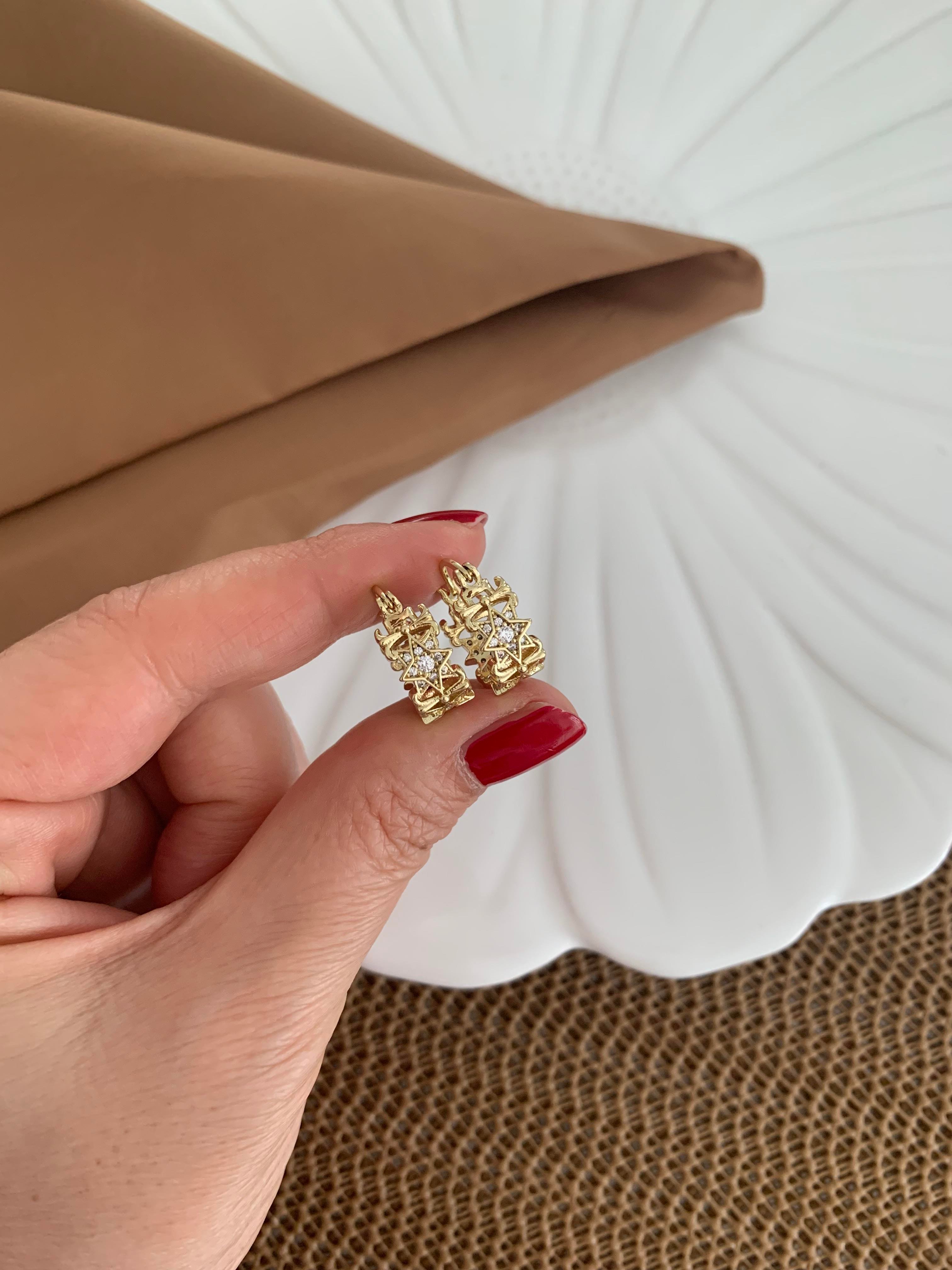 Vip 14k Zirkon Taşlı Yıldız İşlemeli Halka Küpe
