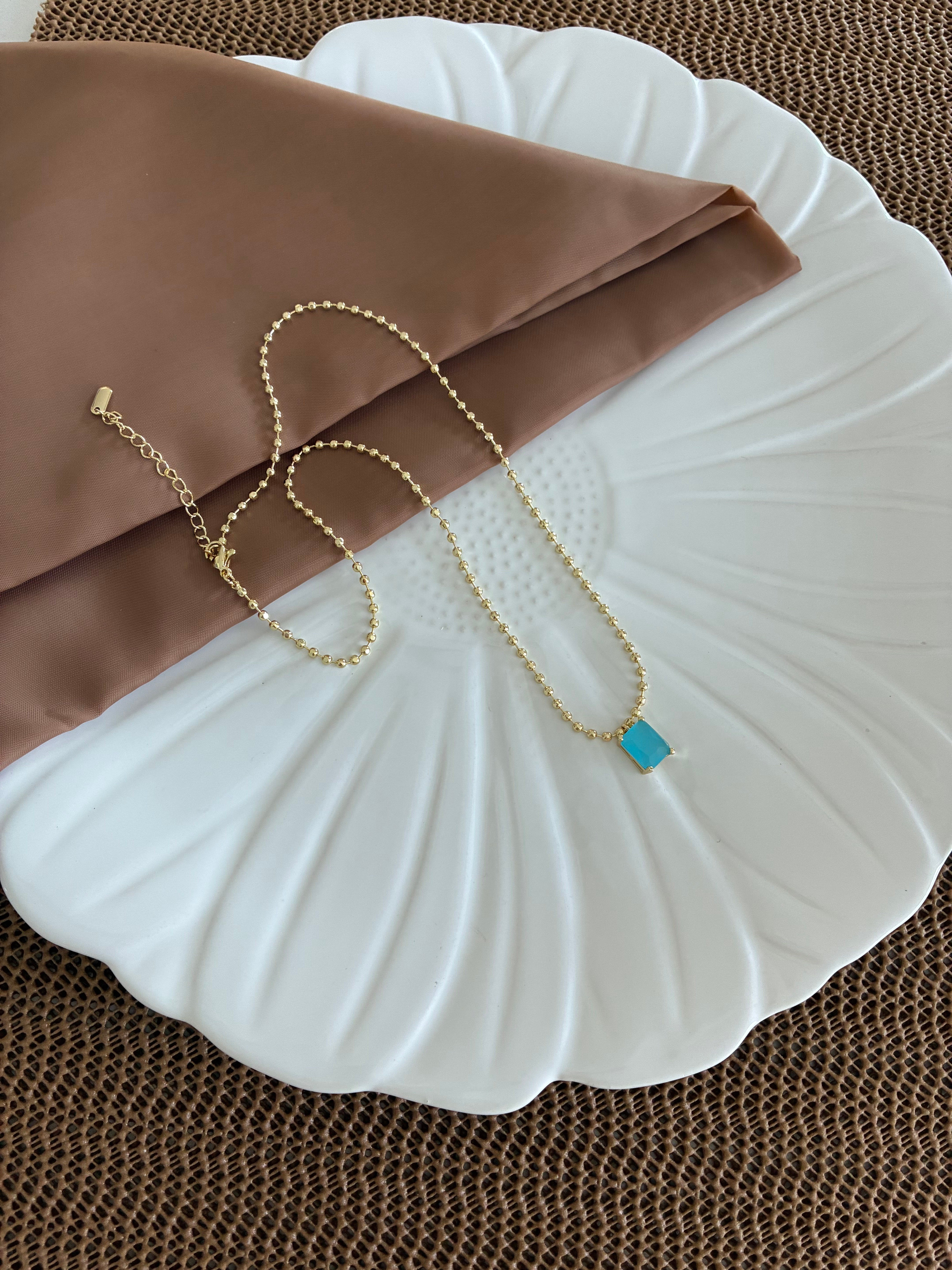 Vip Gold 45 Cm Topçuk Zincir Turkuaz Kare Taşlı Kolye