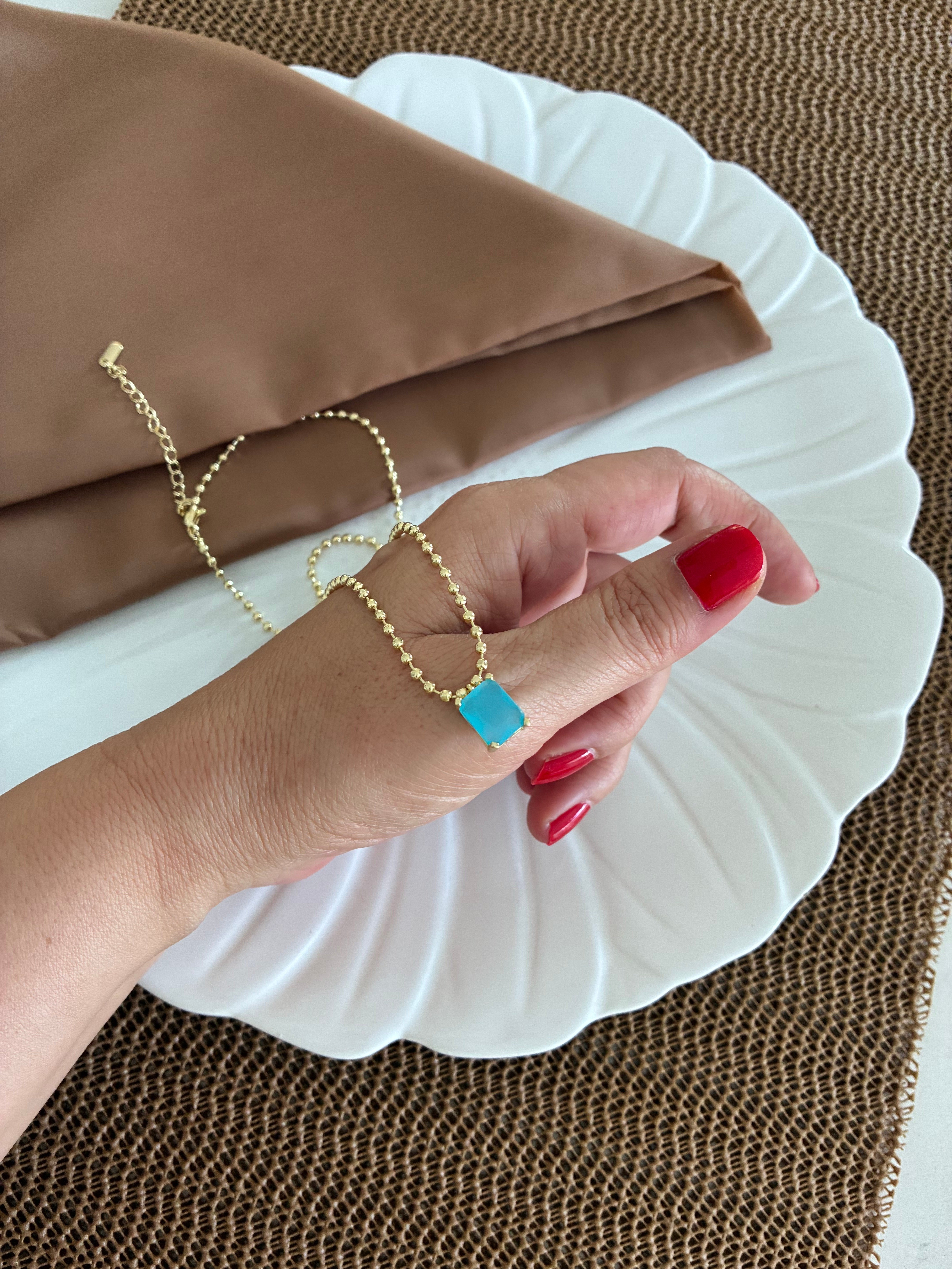 Vip Gold 45 Cm Topçuk Zincir Turkuaz Kare Taşlı Kolye