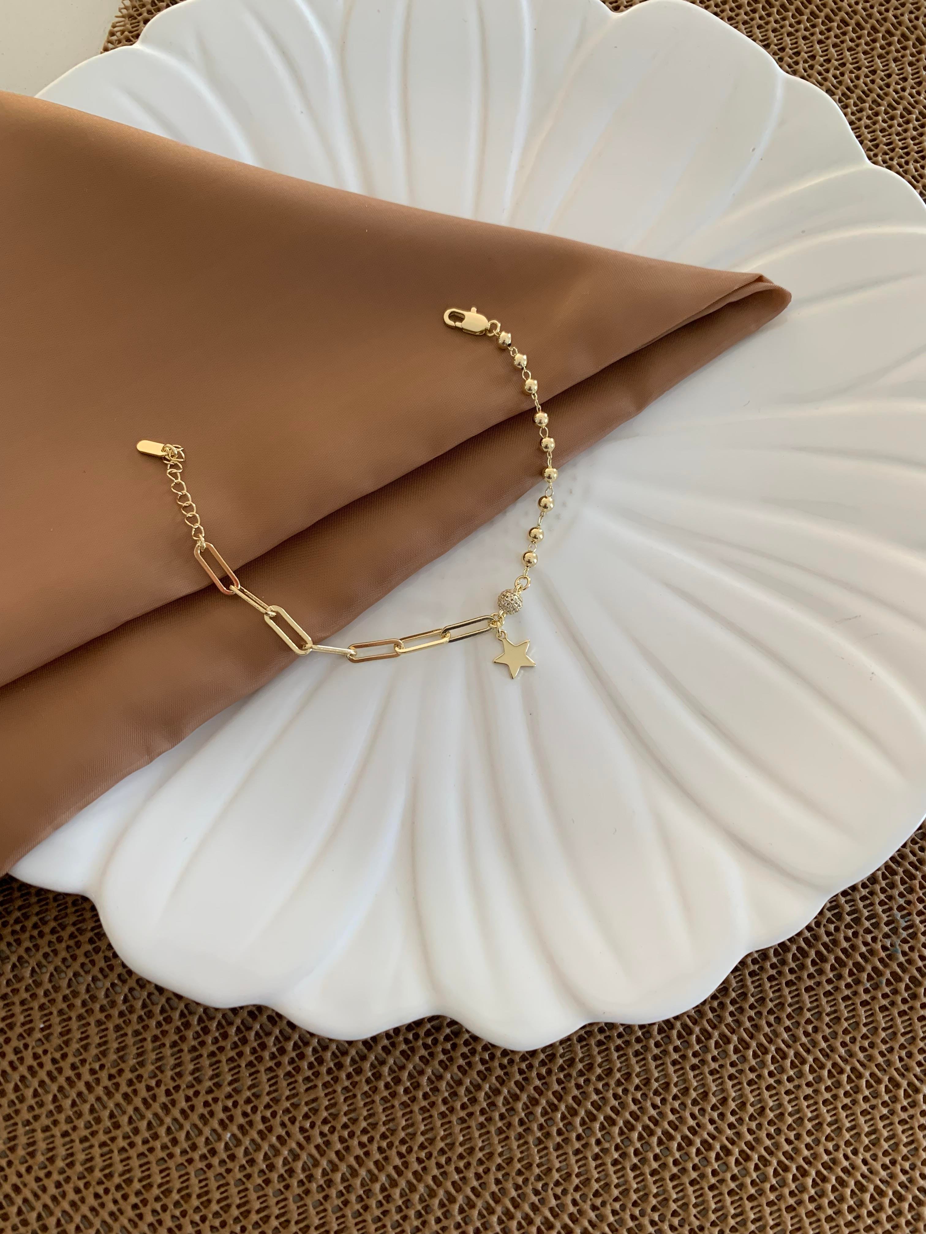 Vip Gold Ataç Zincir Zirkon Taşlı Top Yıldız Sallantılı Bileklik