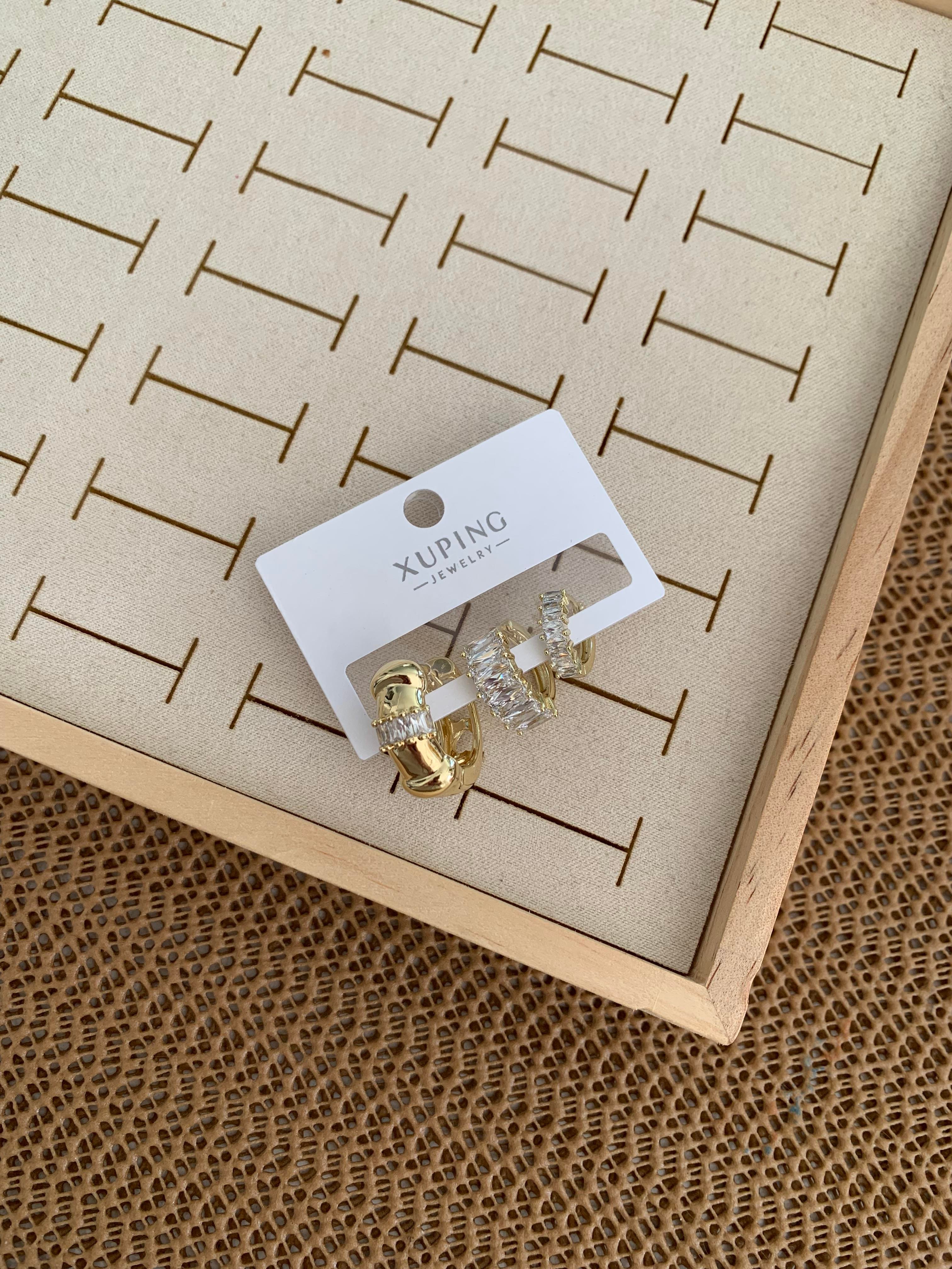 Vip Gold Baget Taşlı Biyeli Üçlü Set Halka Küpe