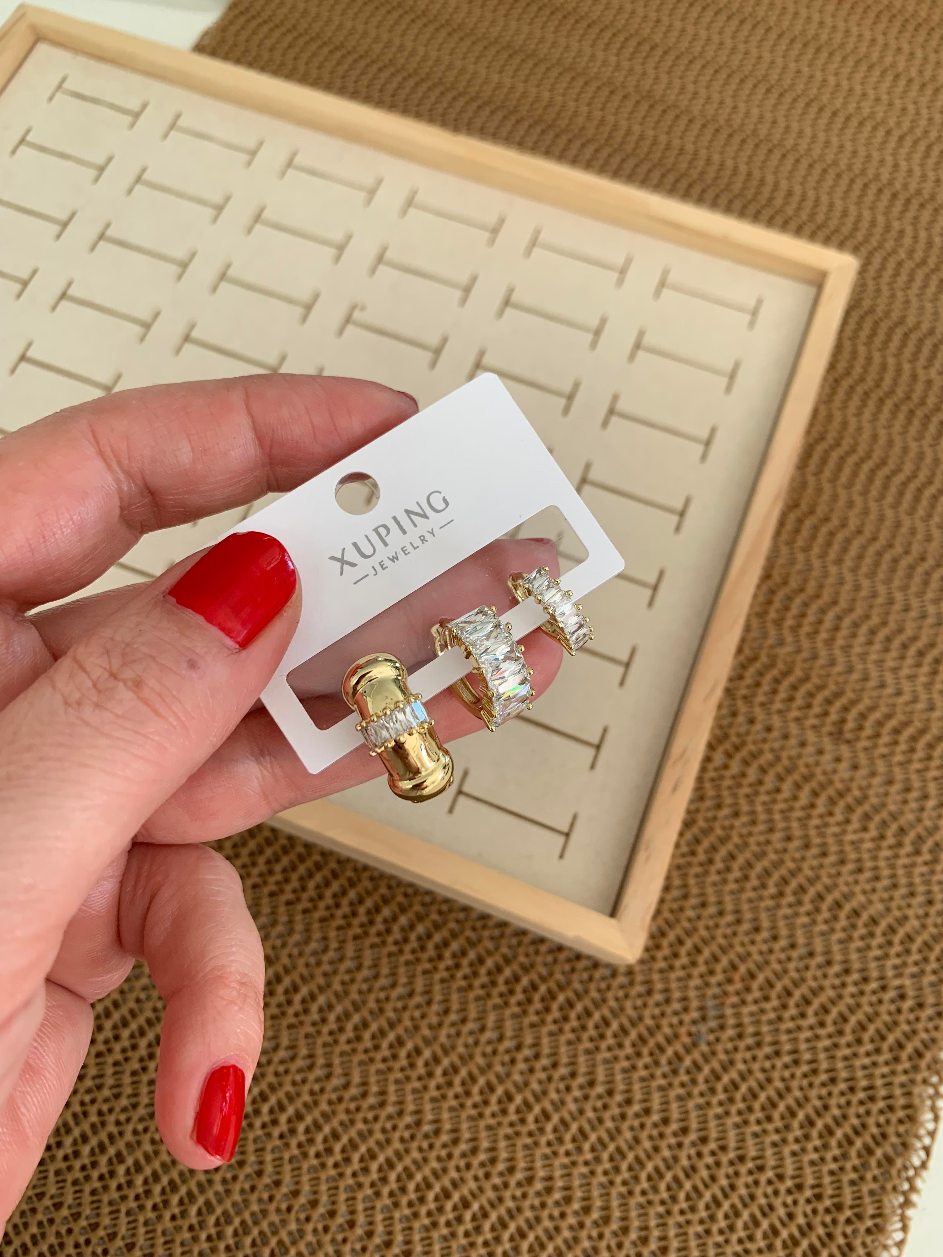 Vip Gold Baget Taşlı Biyeli Üçlü Set Halka Küpe