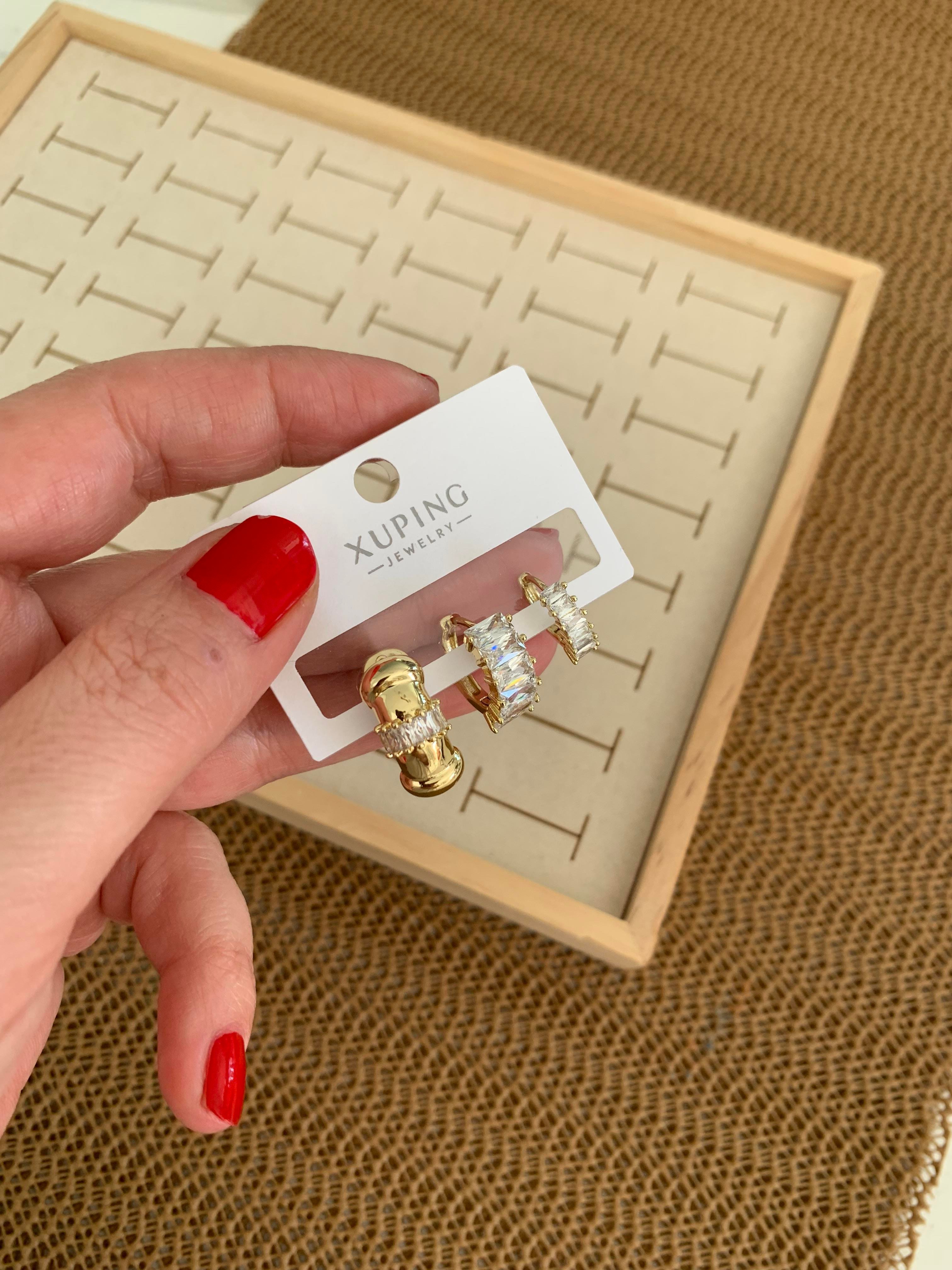 Vip Gold Baget Taşlı Biyeli Üçlü Set Halka Küpe
