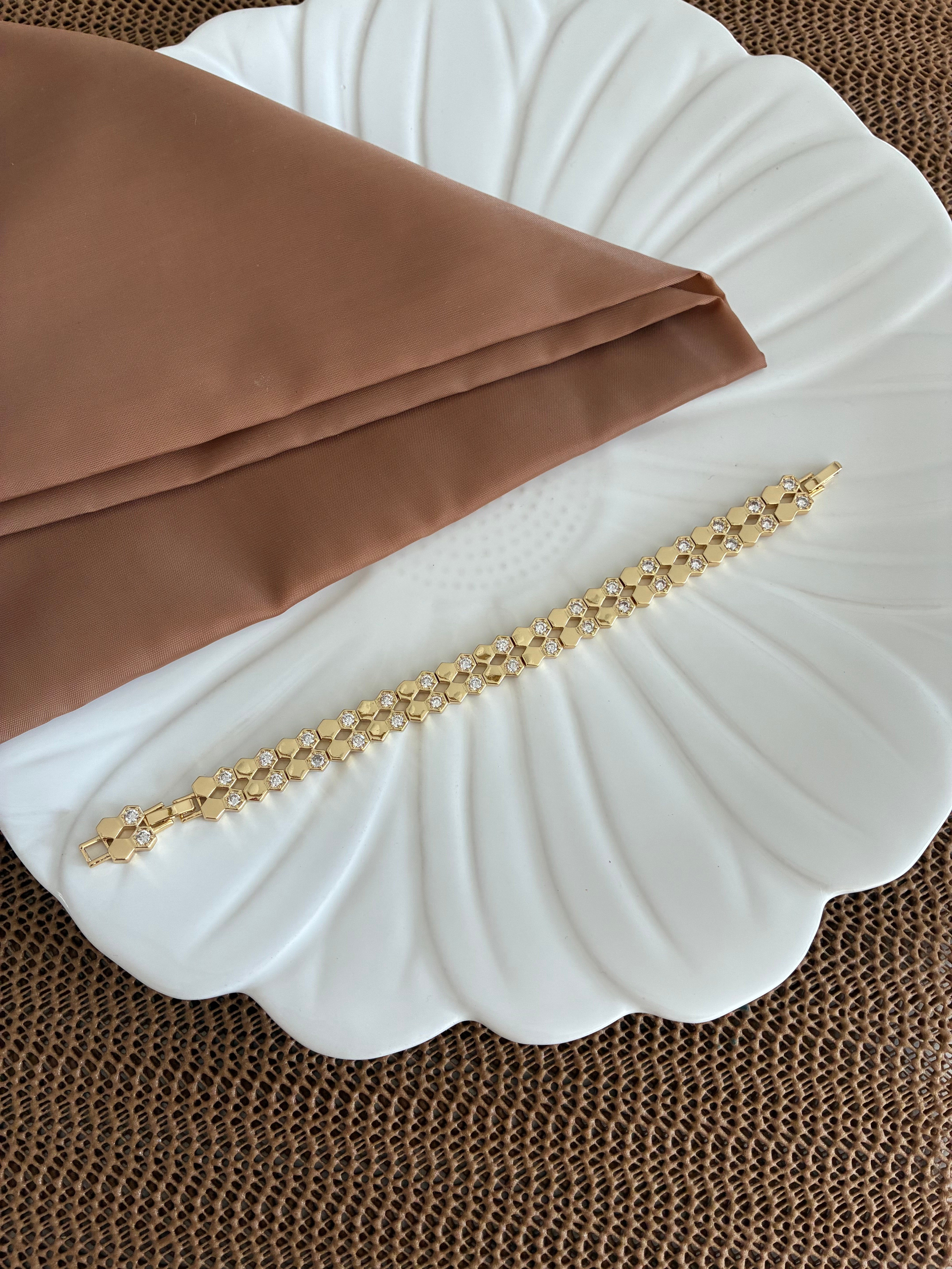 Vip Gold Baget Taşlı Duble Petek Sıralı Bileklik