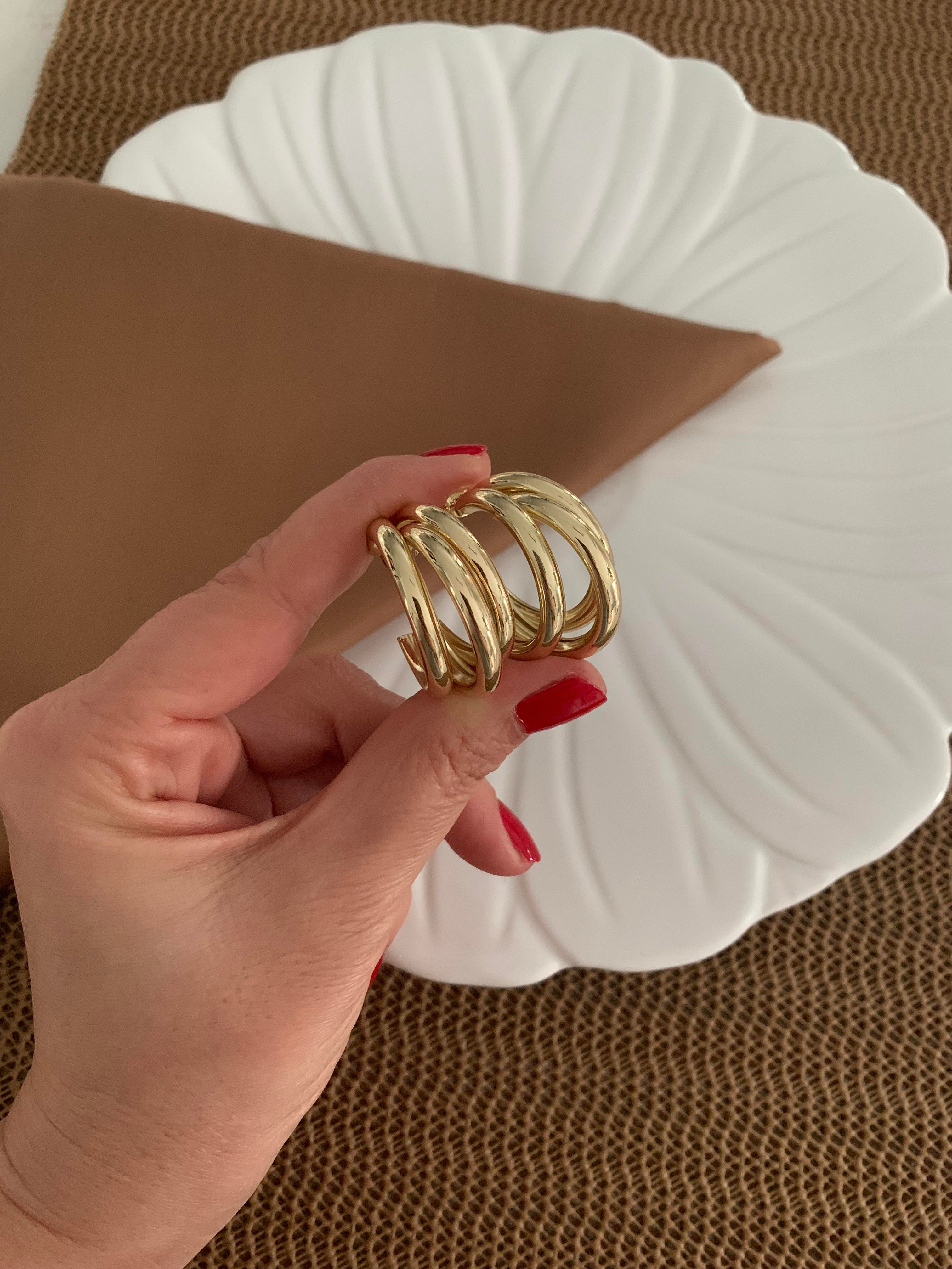 Vip Gold Büyük Plaka Üç Sıra Boru Ay Küpe