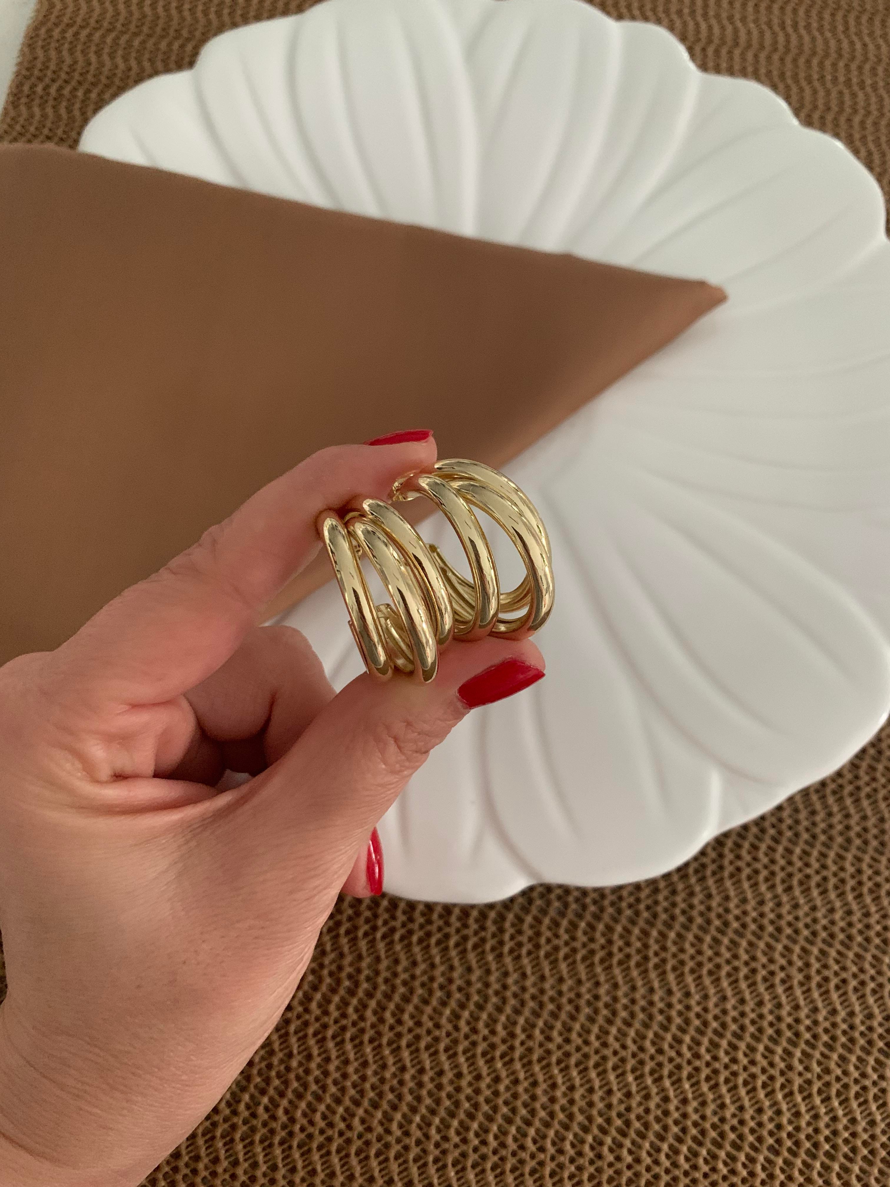 Vip Gold Büyük Plaka Üç Sıra Boru Ay Küpe