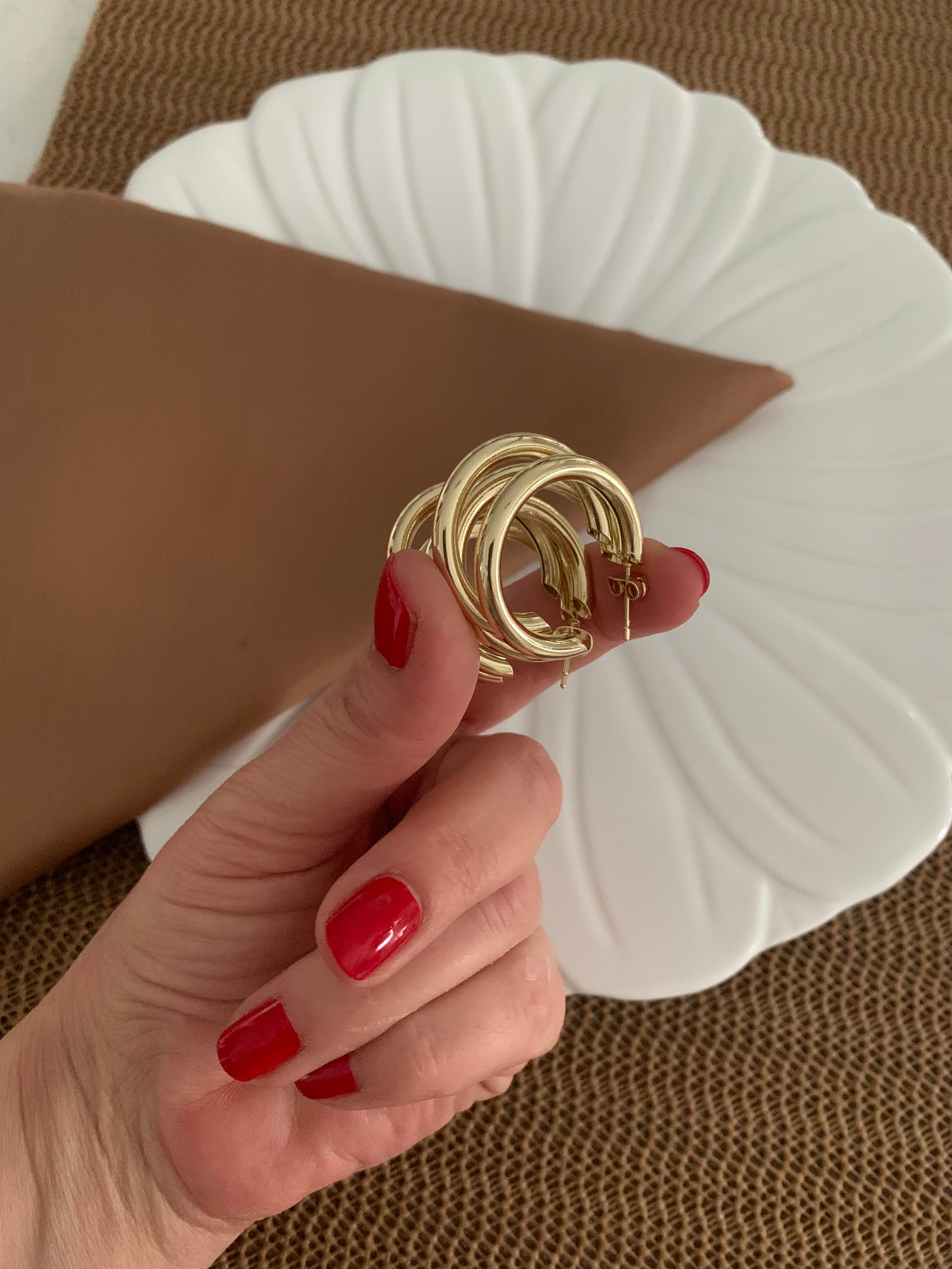 Vip Gold Büyük Plaka Üç Sıra Boru Ay Küpe