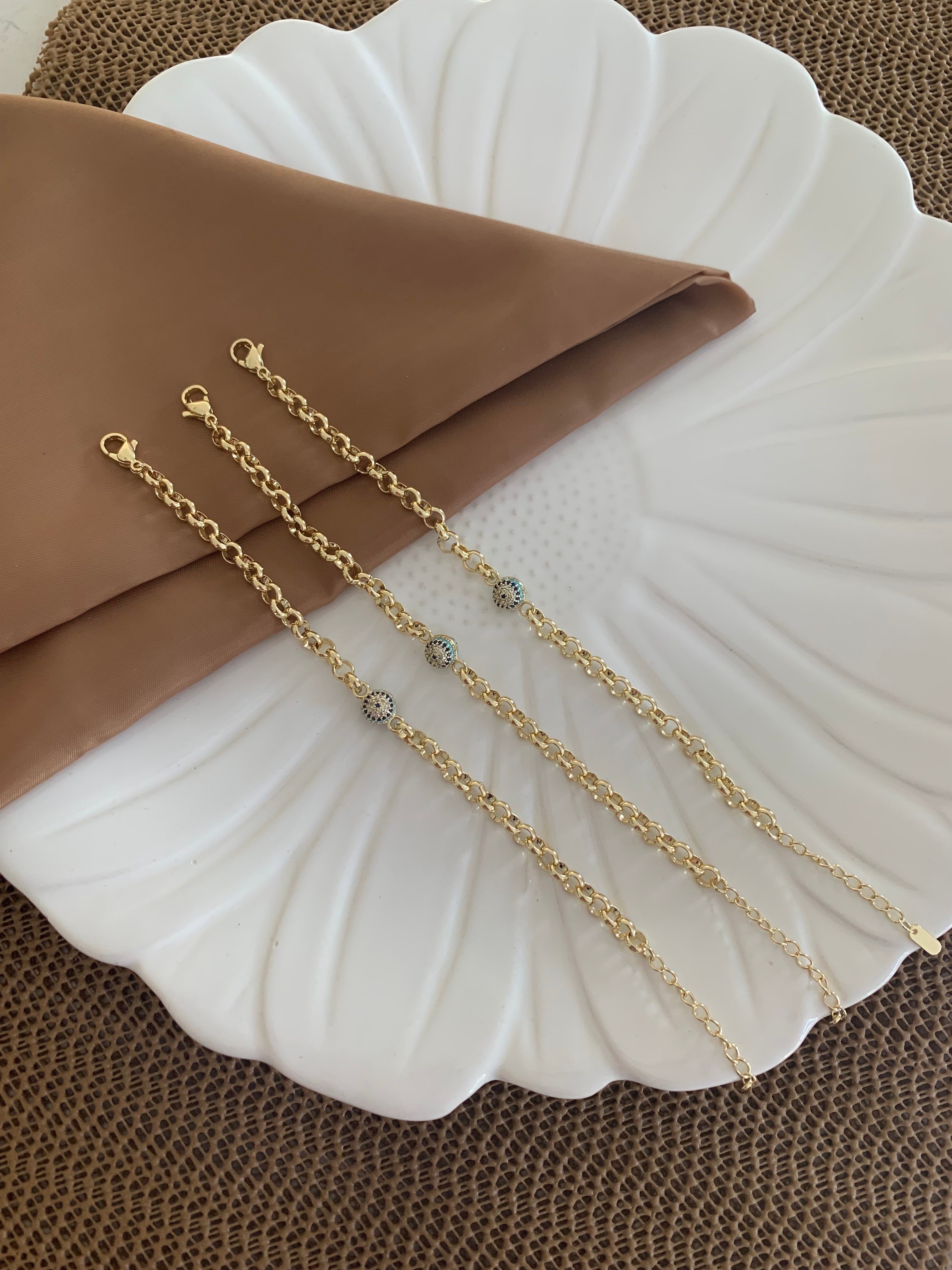 Vip Gold İç İçe Geçme Zincirli Zirkon Taş Mavi Nazar Top Bileklik